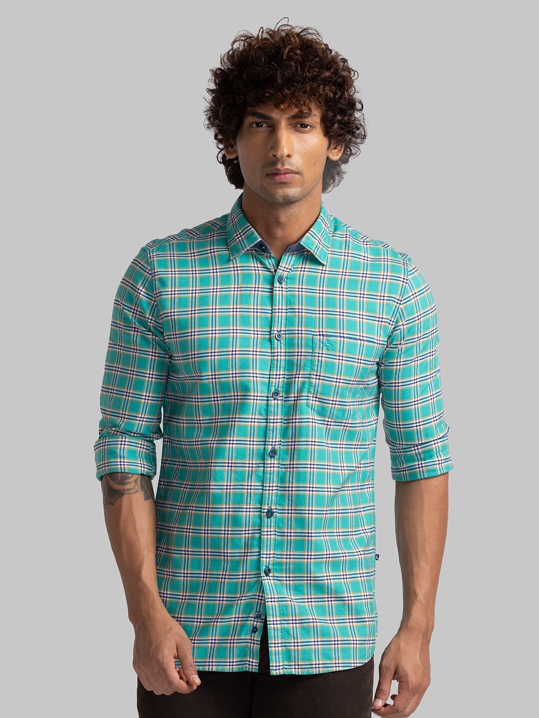 Parx Slim Fit Opaque Checked Organic Cotton Casual Shirt, Green