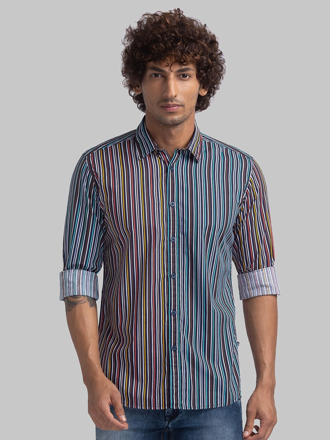 Parx Slim Fit Opaque Pin Striped Organic Cotton Casual Shirt, Red