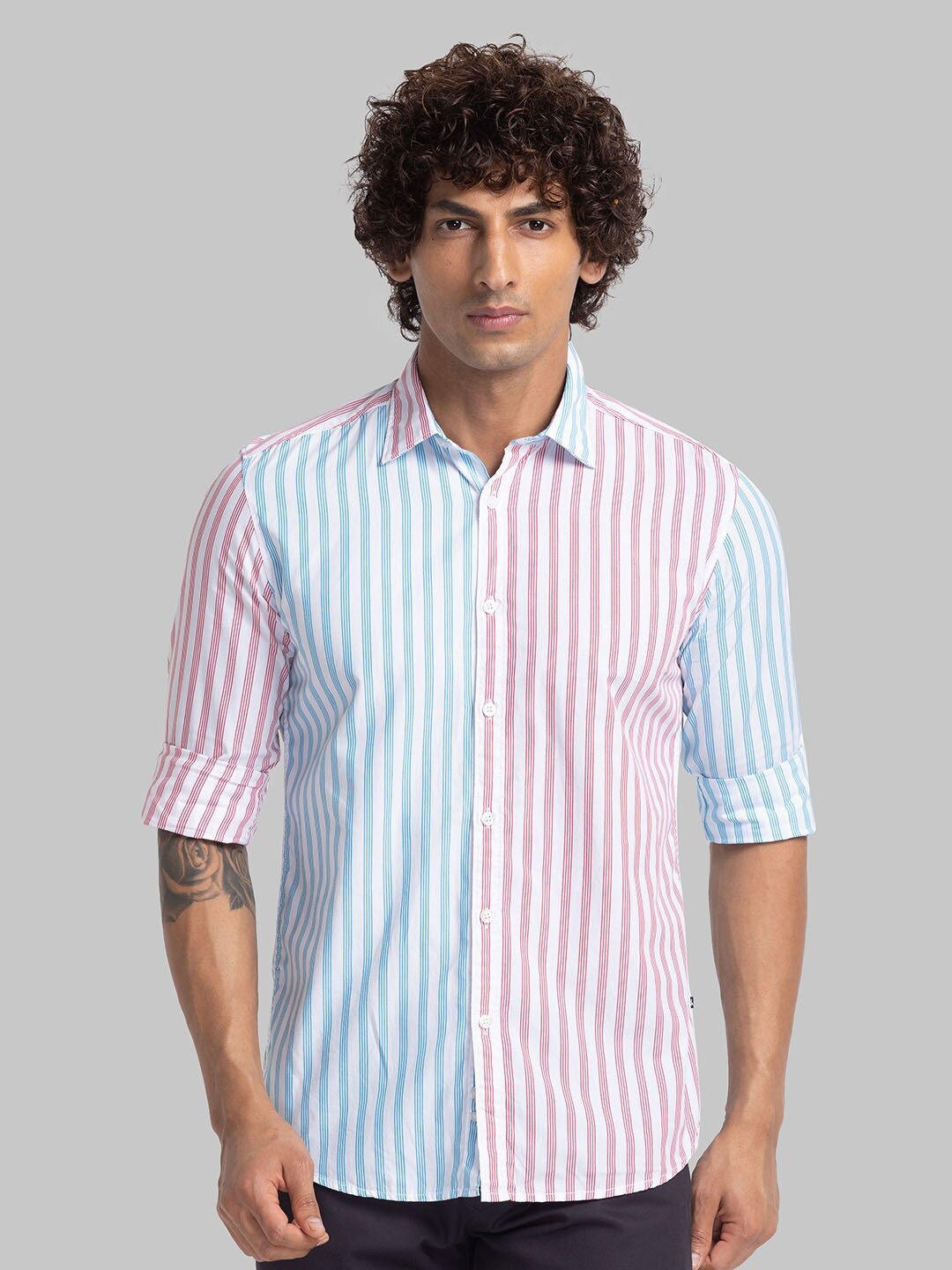 

Parx Slim Fit Opaque Striped Organic Cotton Casual Shirt, Blue