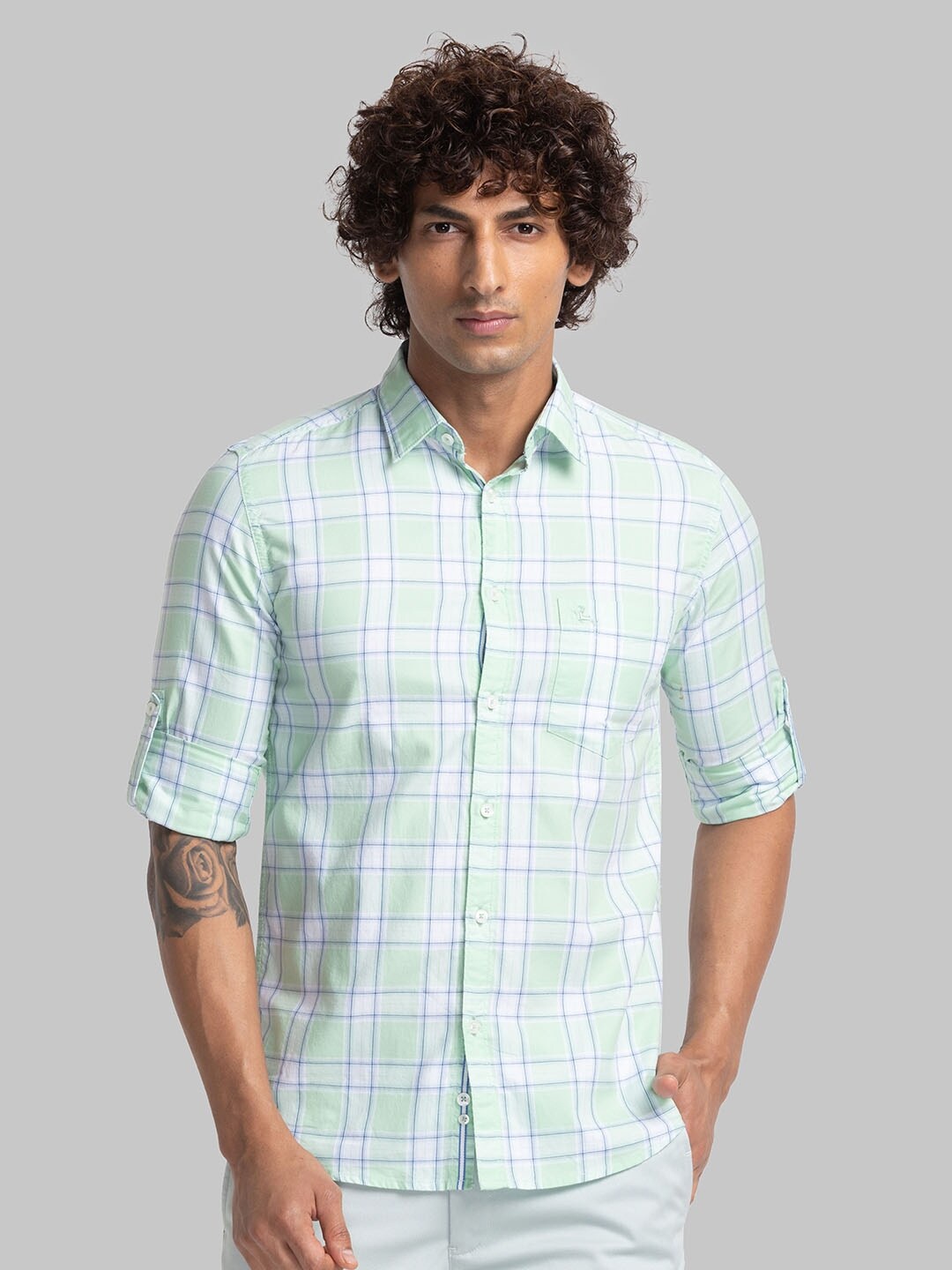 

Parx Slim Fit Opaque Checked Organic Cotton Casual Shirt, Green