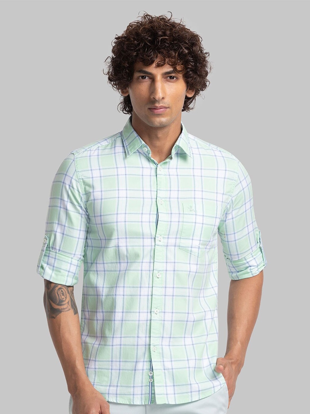 

Parx Slim Fit Opaque Checked Casual Organic Cotton Shirt, Green