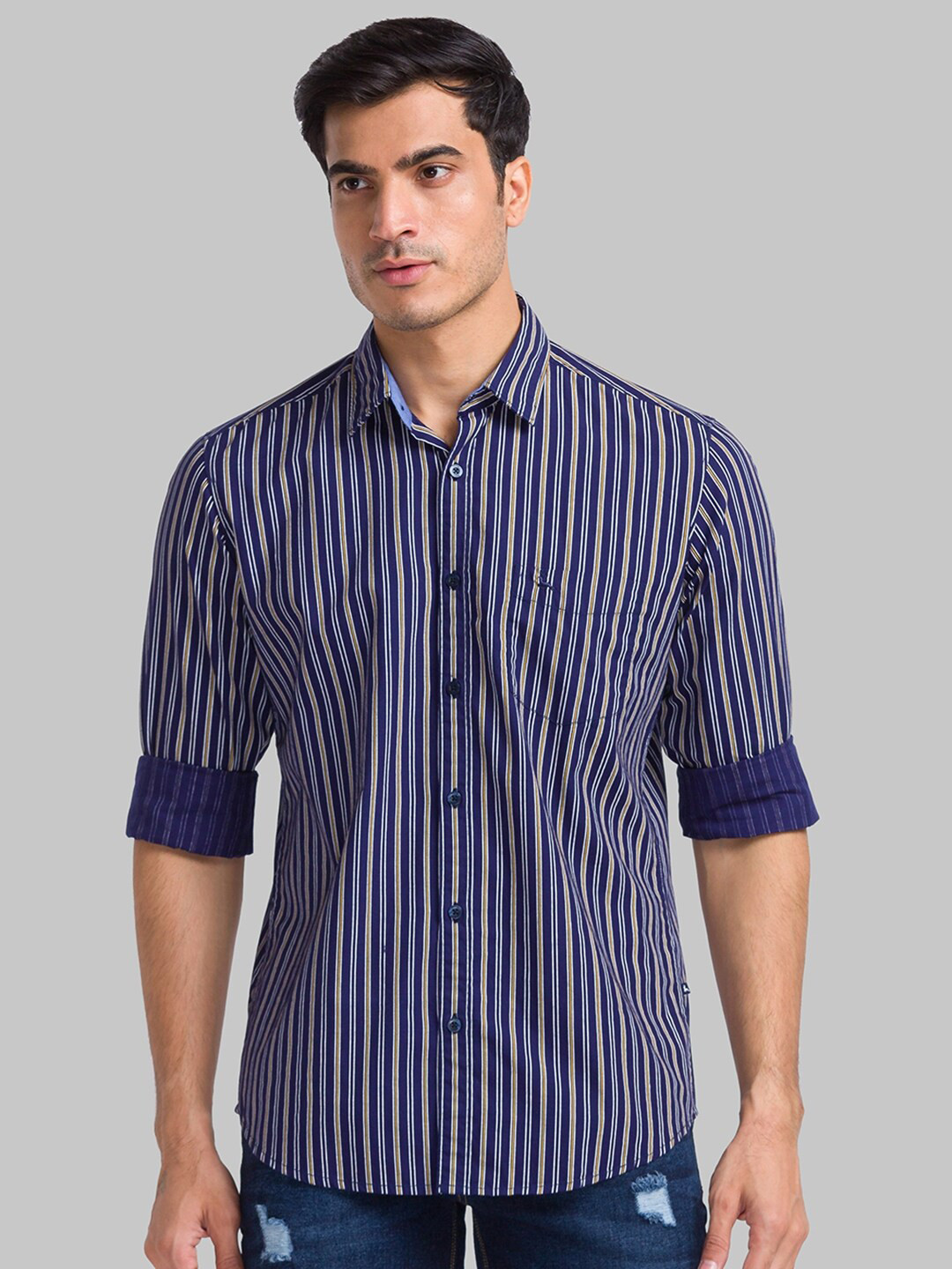 

Parx Slim Fit Opaque Striped Organic Cotton Casual Shirt, Blue