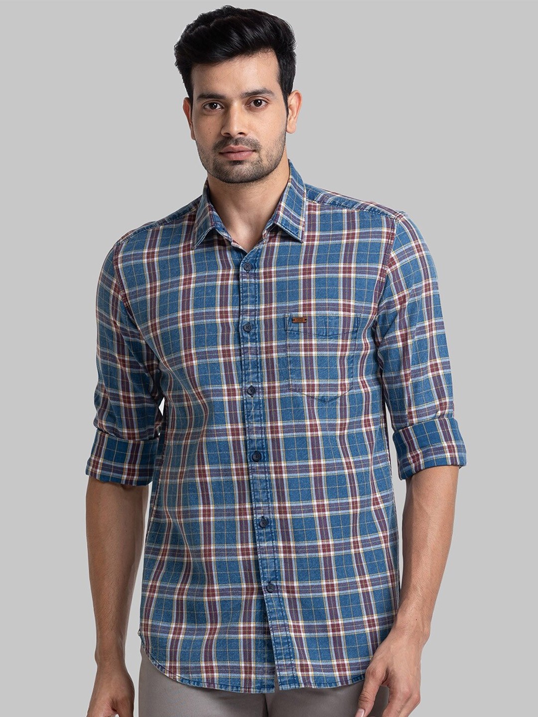 

Parx Slim Fit Checked Spread Collar Pure Cotton Casual Shirt, Blue