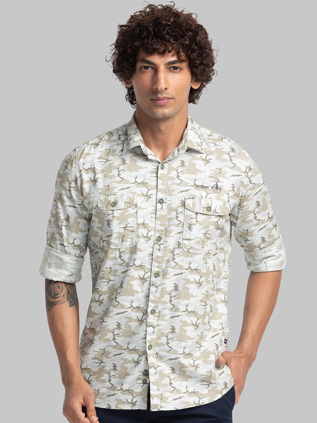 

Parx Slim Fit Opaque Camouflage Printed Organic Cotton Casual Shirt, Green