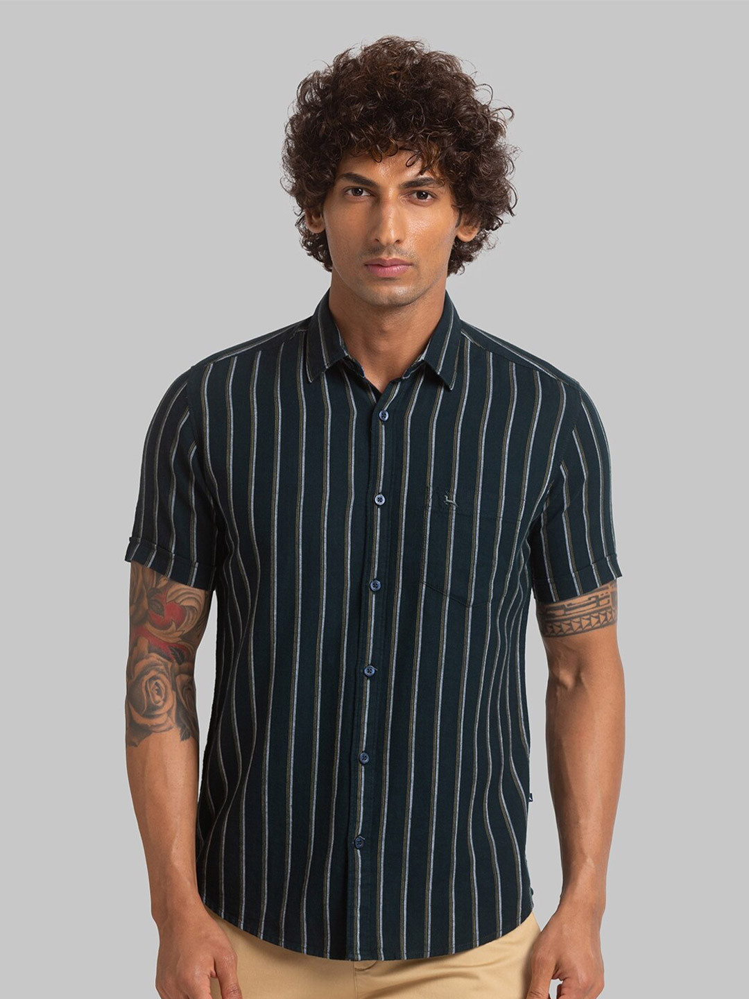 

Parx Slim Fit Striped Organic Cotton Casual Shirt, Green