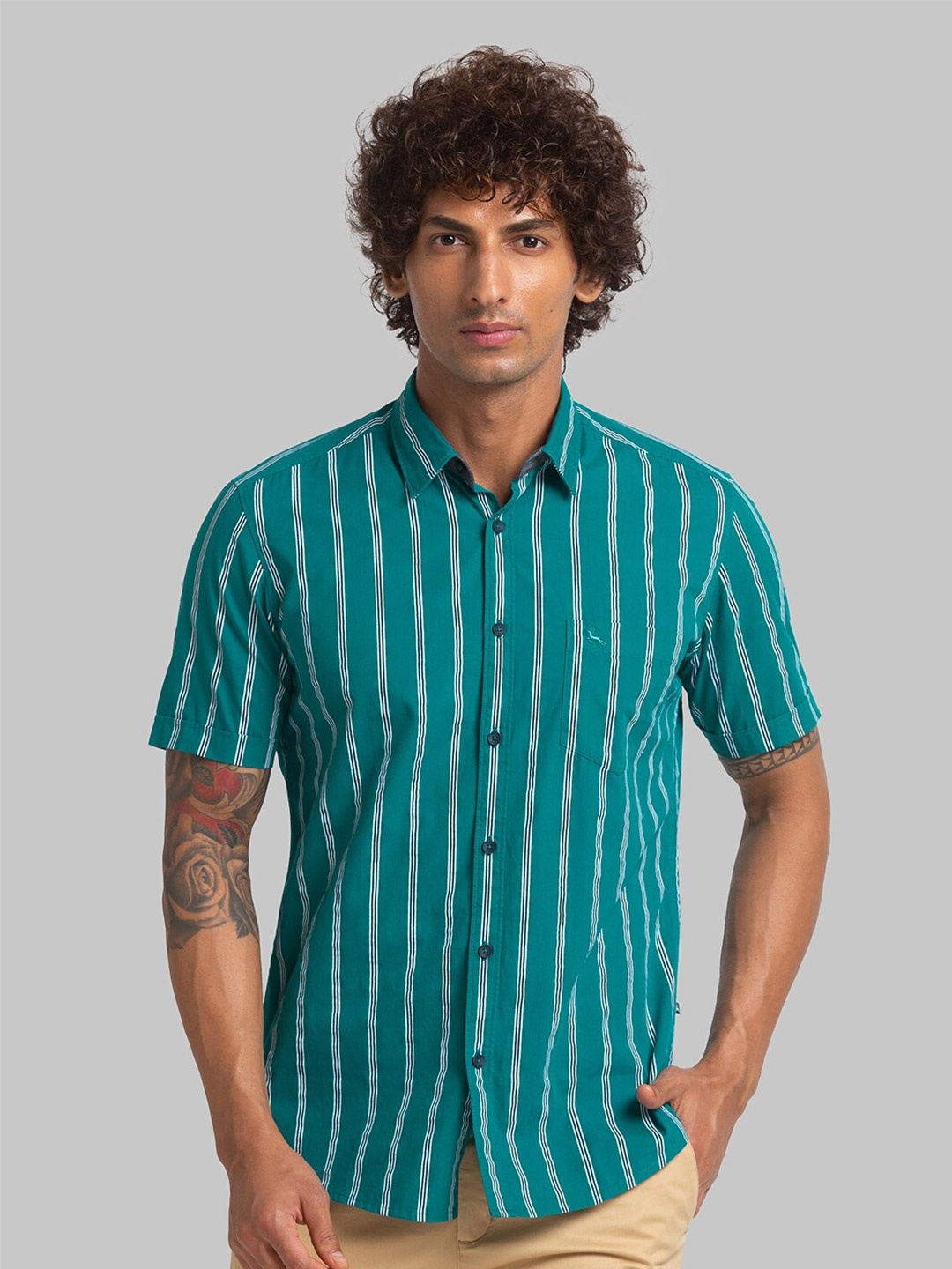 

Parx Slim Fit Striped Organic Cotton Casual Shirt, Green