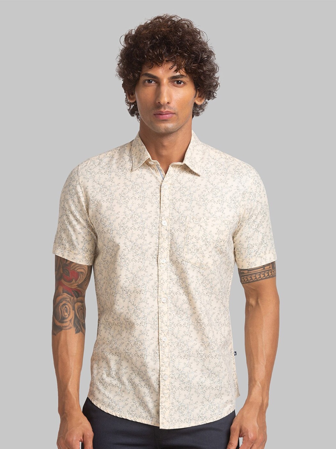 

Parx Slim Fit Floral Printed Organic Cotton Casual Shirt, Yellow