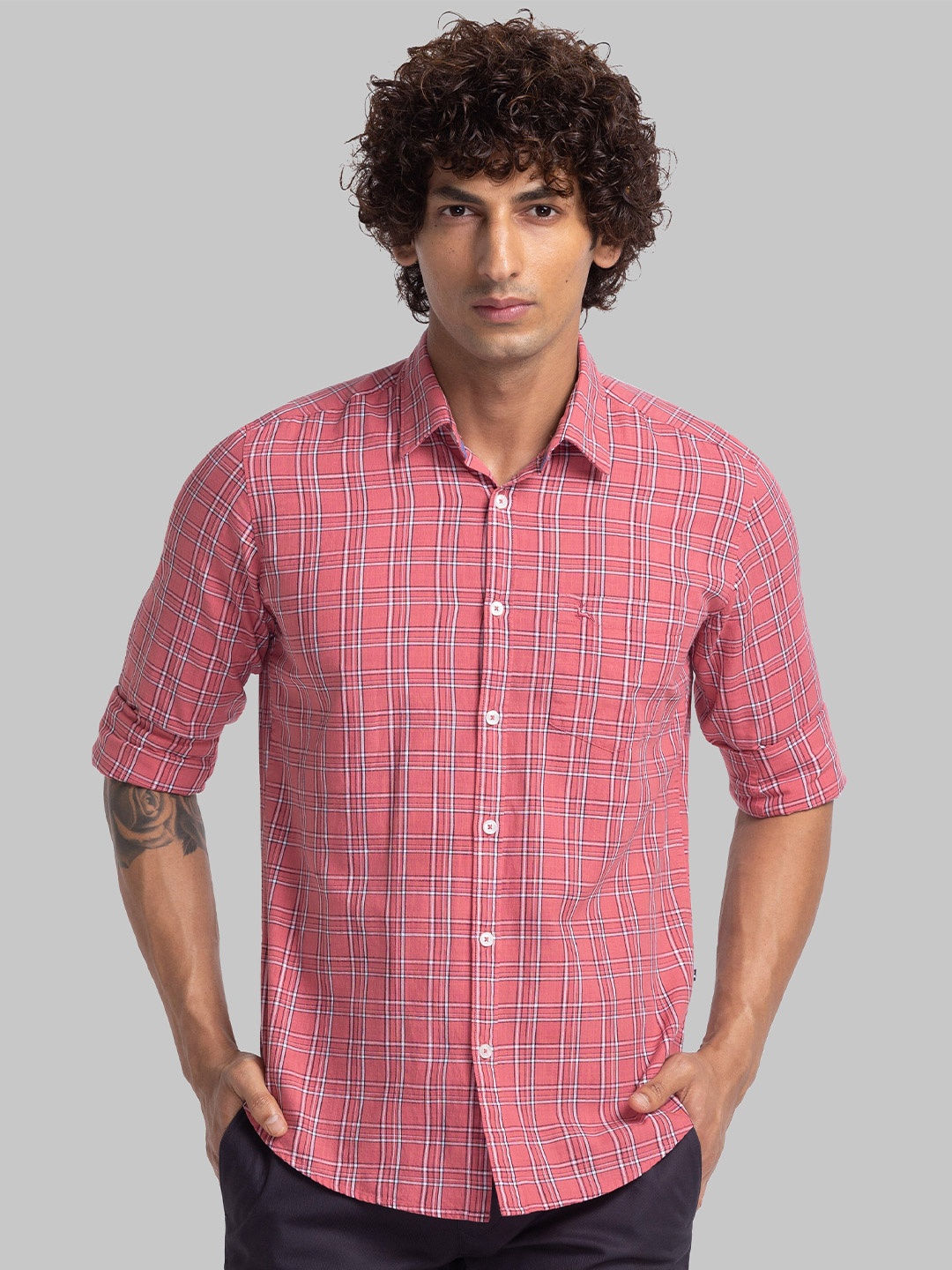 Parx Slim Fit Opaque Checked Organic Cotton Casual Shirt, Red
