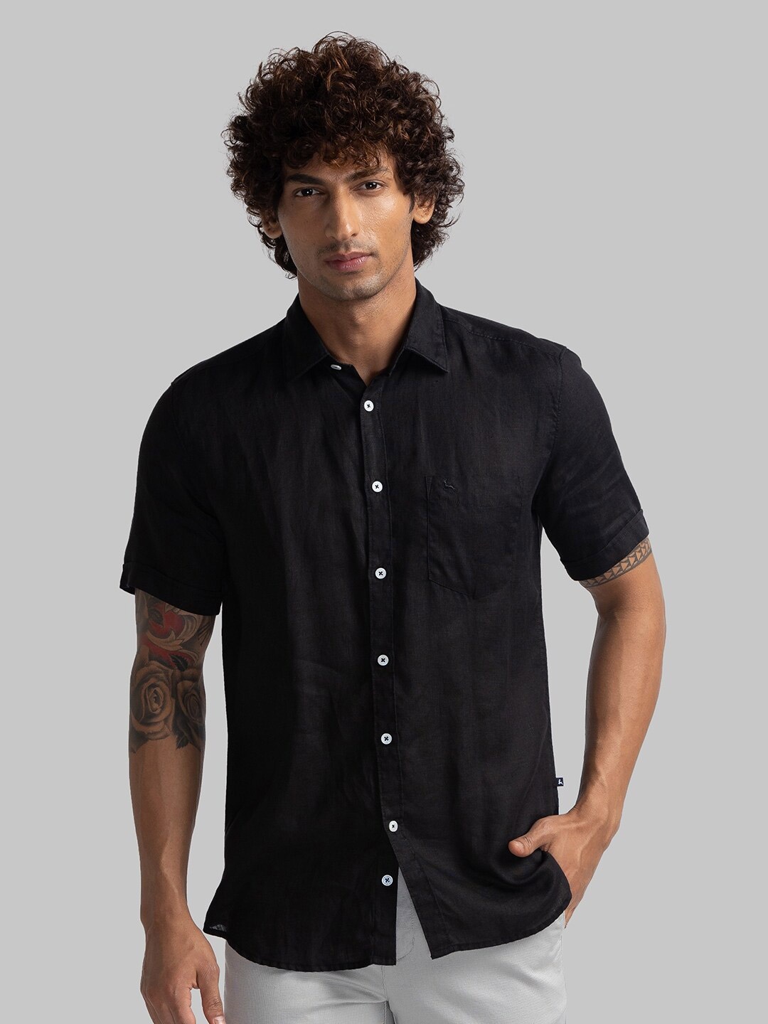 

Parx Slim Fit Opaque Spread Collar Linen Casual Shirt, Black