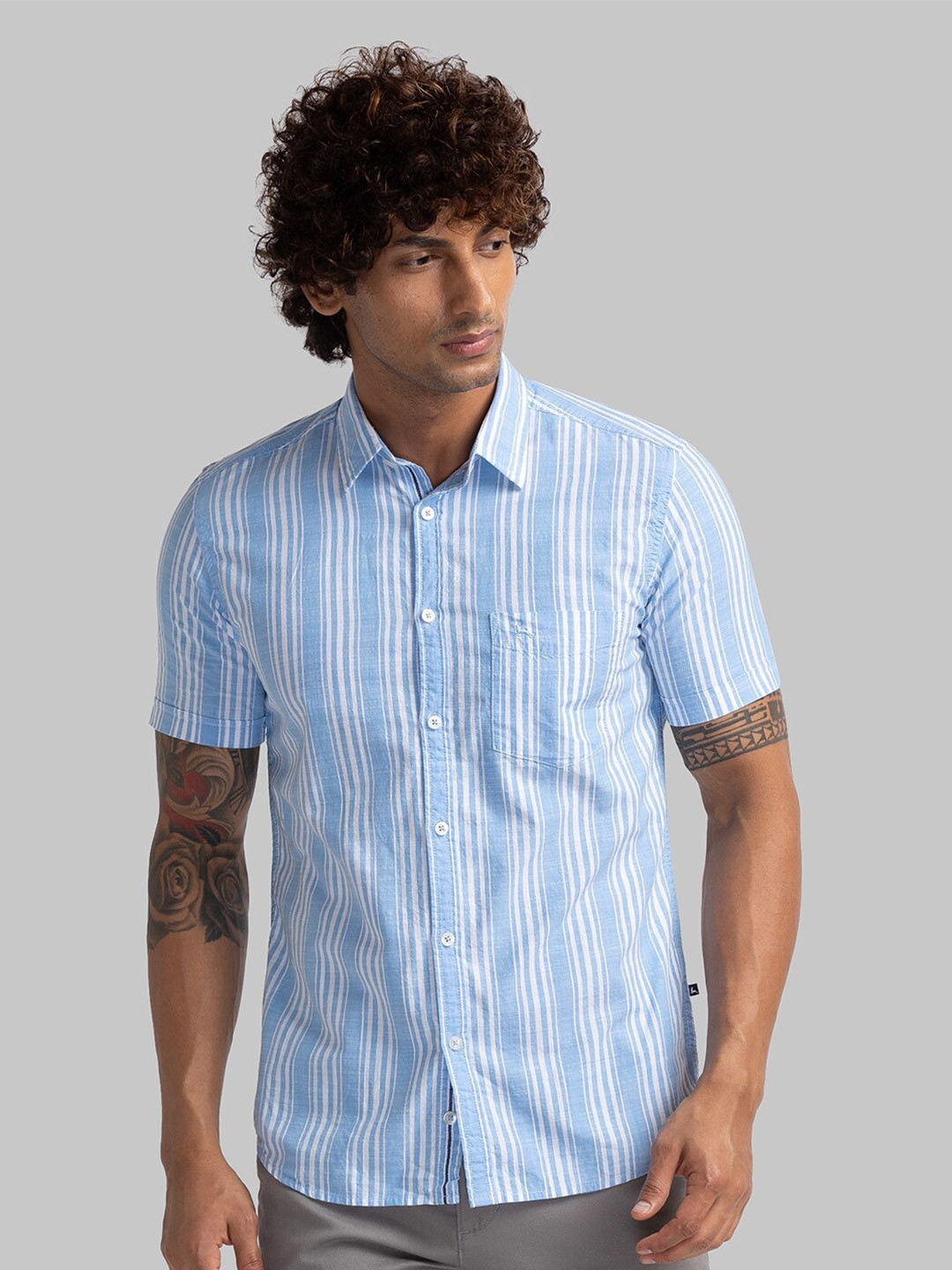 

Parx Slim Fit Opaque Striped Organic Cotton Casual Shirt, Blue