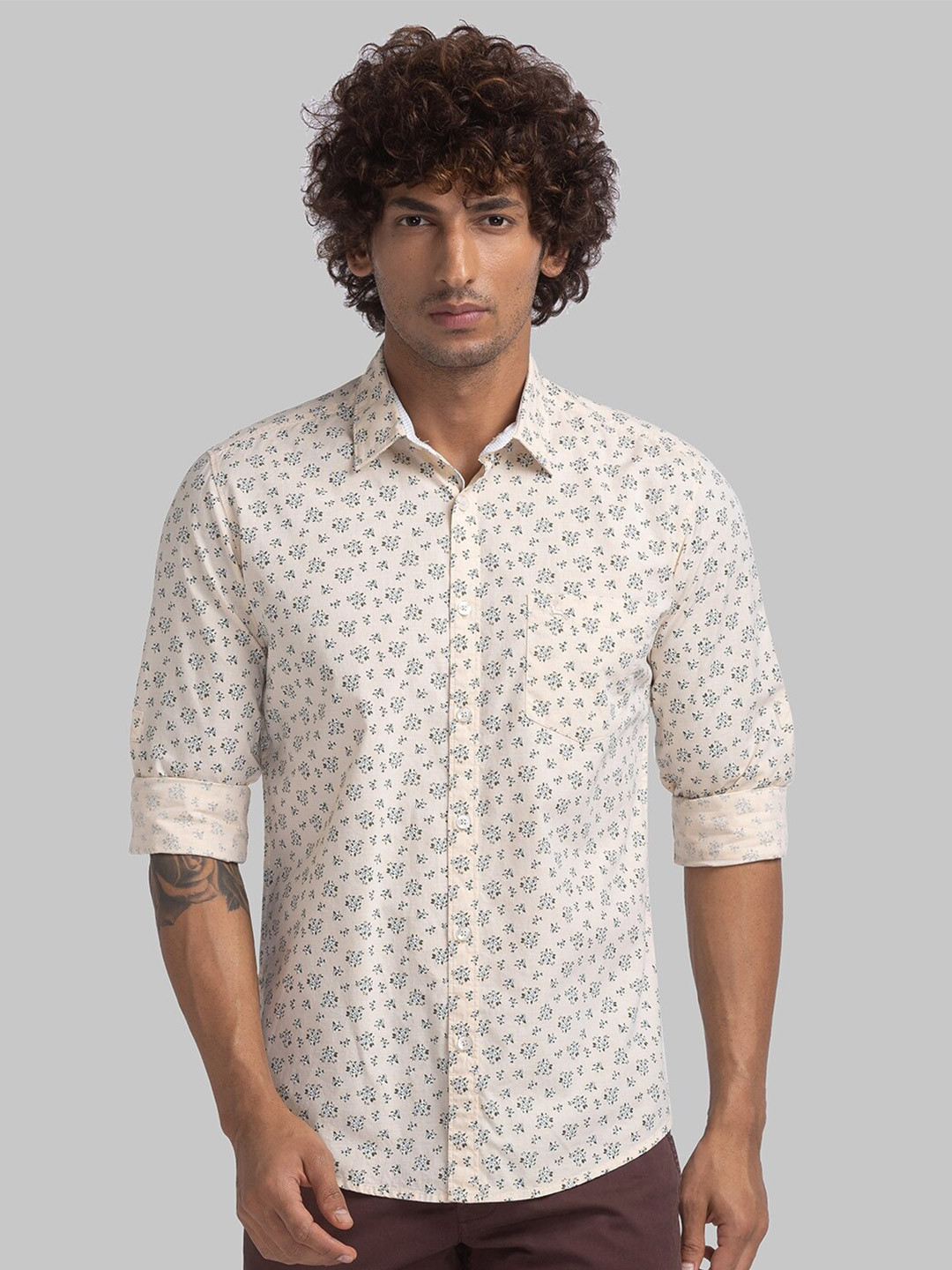 

Parx Slim Fit Floral Printed Organic Cotton Casual Shirt, Yellow