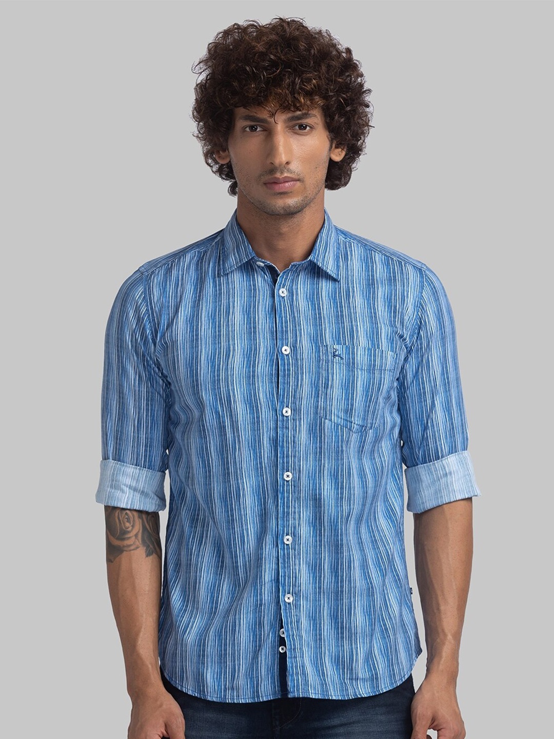 

Parx Slim Fit Opaque Striped Organic Cotton Casual Shirt, Blue