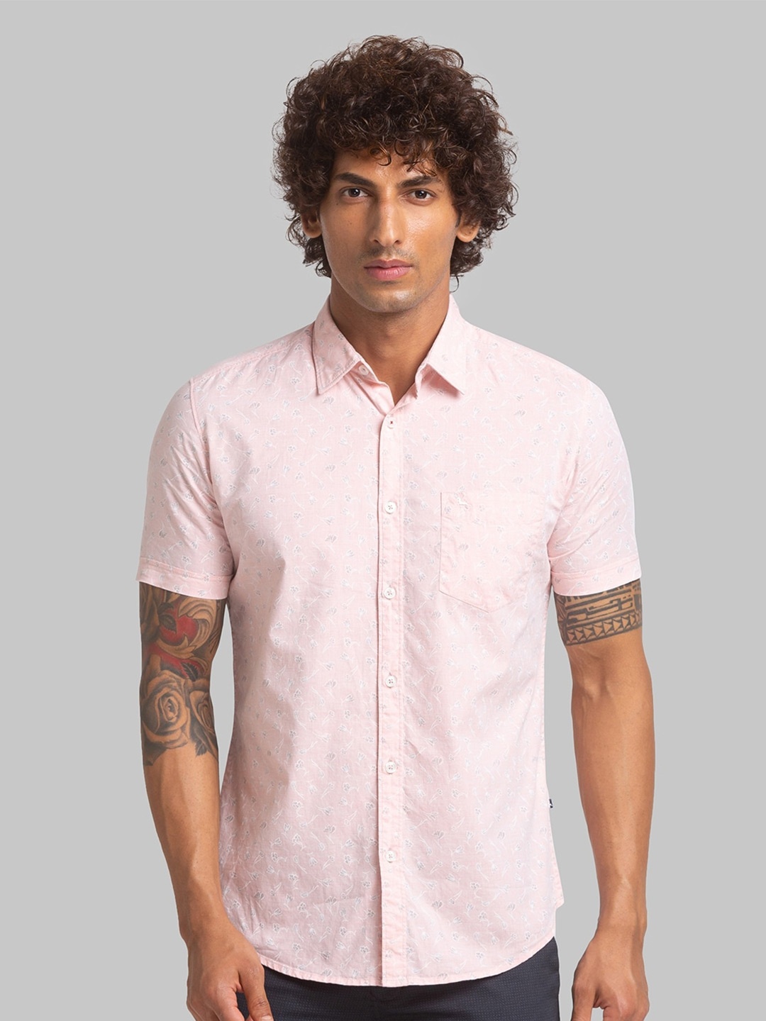 

Parx Slim Fit Floral Printed Short Sleeves Opaque Pure Cotton Casual Shirt, Pink