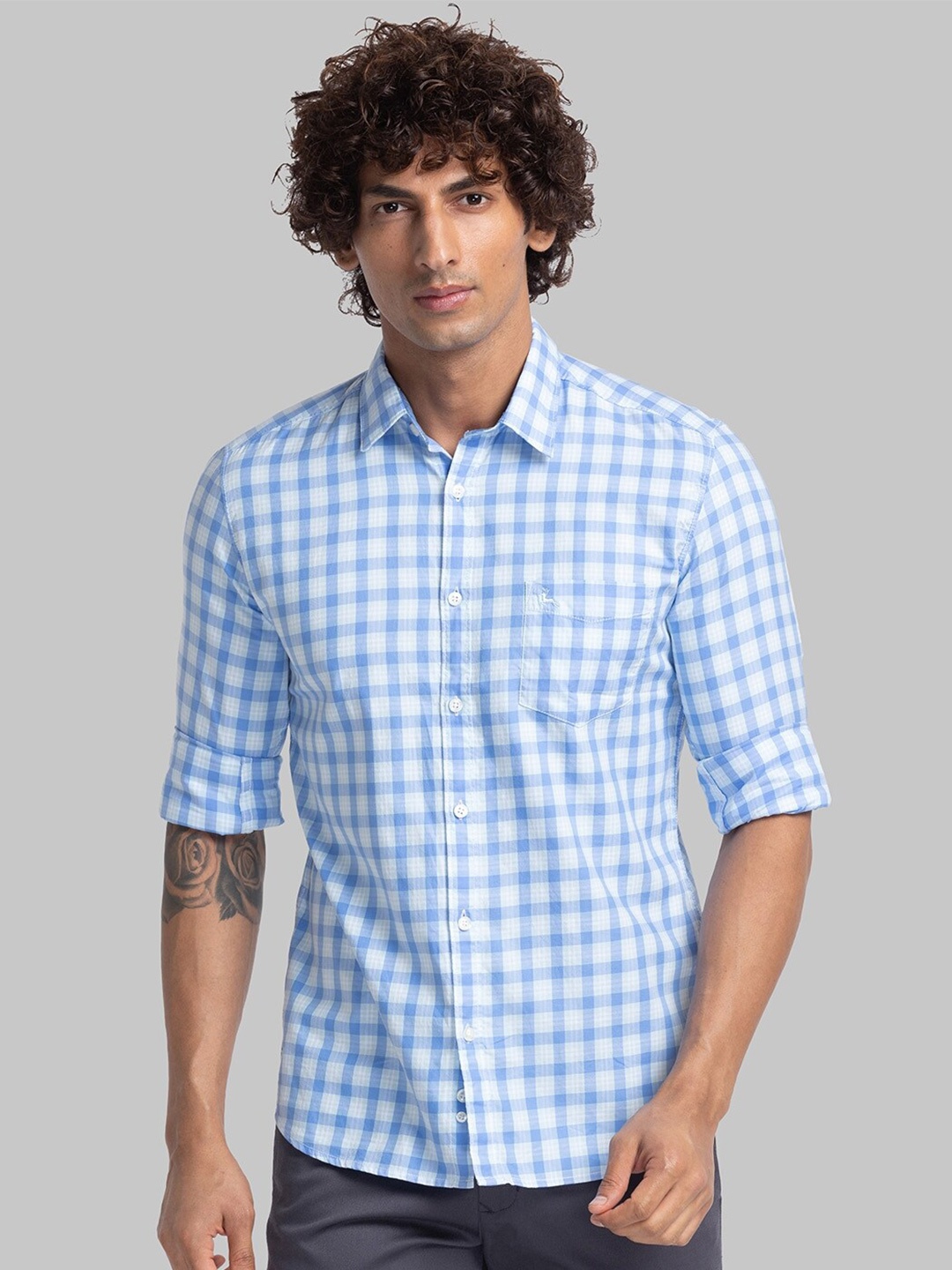 

Parx Slim Fit Opaque Checked Organic Cotton Casual Shirt, Blue