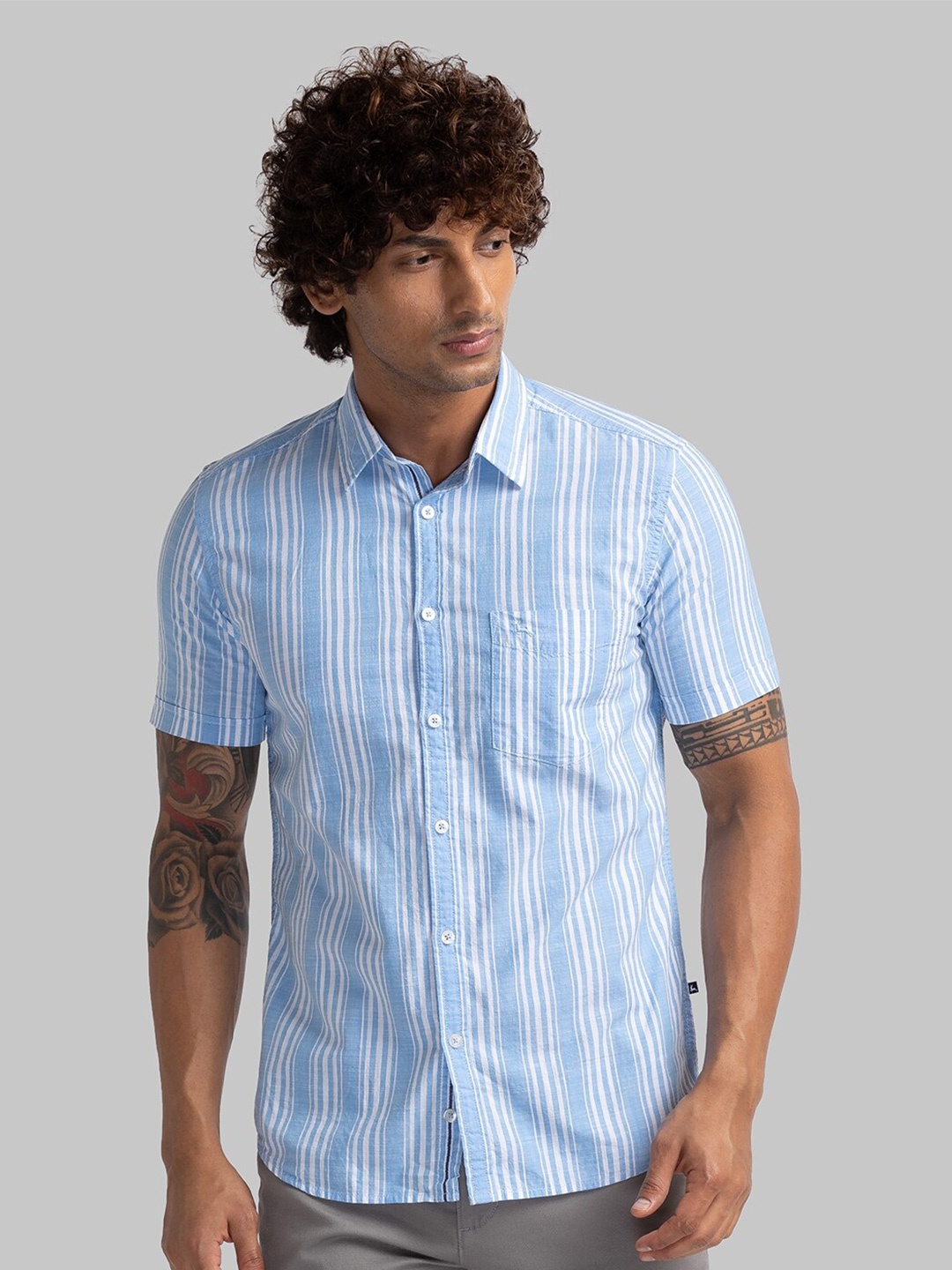 

Parx Slim Fit Opaque Striped Organic Cotton Casual Shirt, Blue