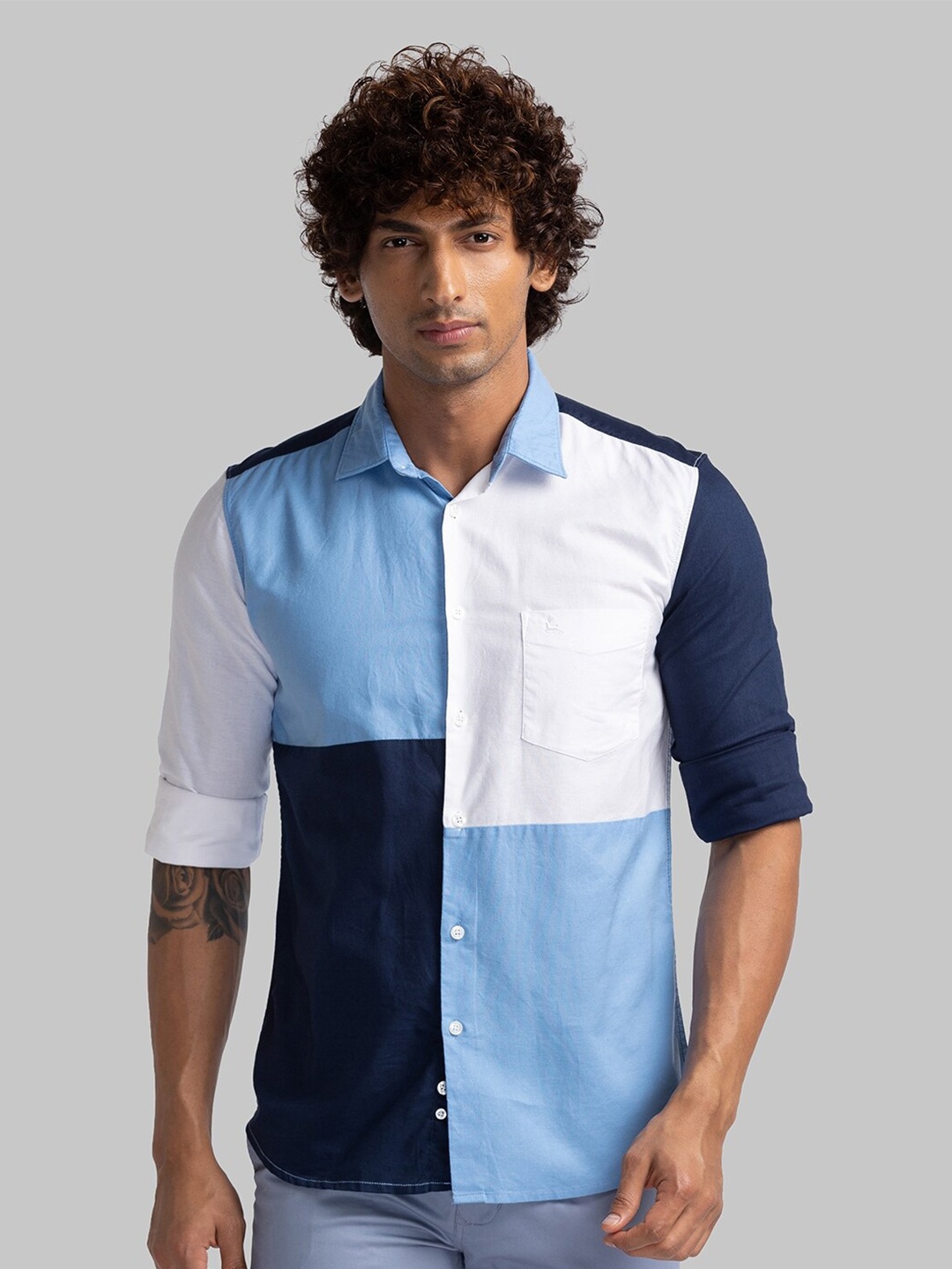 

Parx Slim Fit Opaque Colourblocked Organic Cotton Casual Shirt, Blue