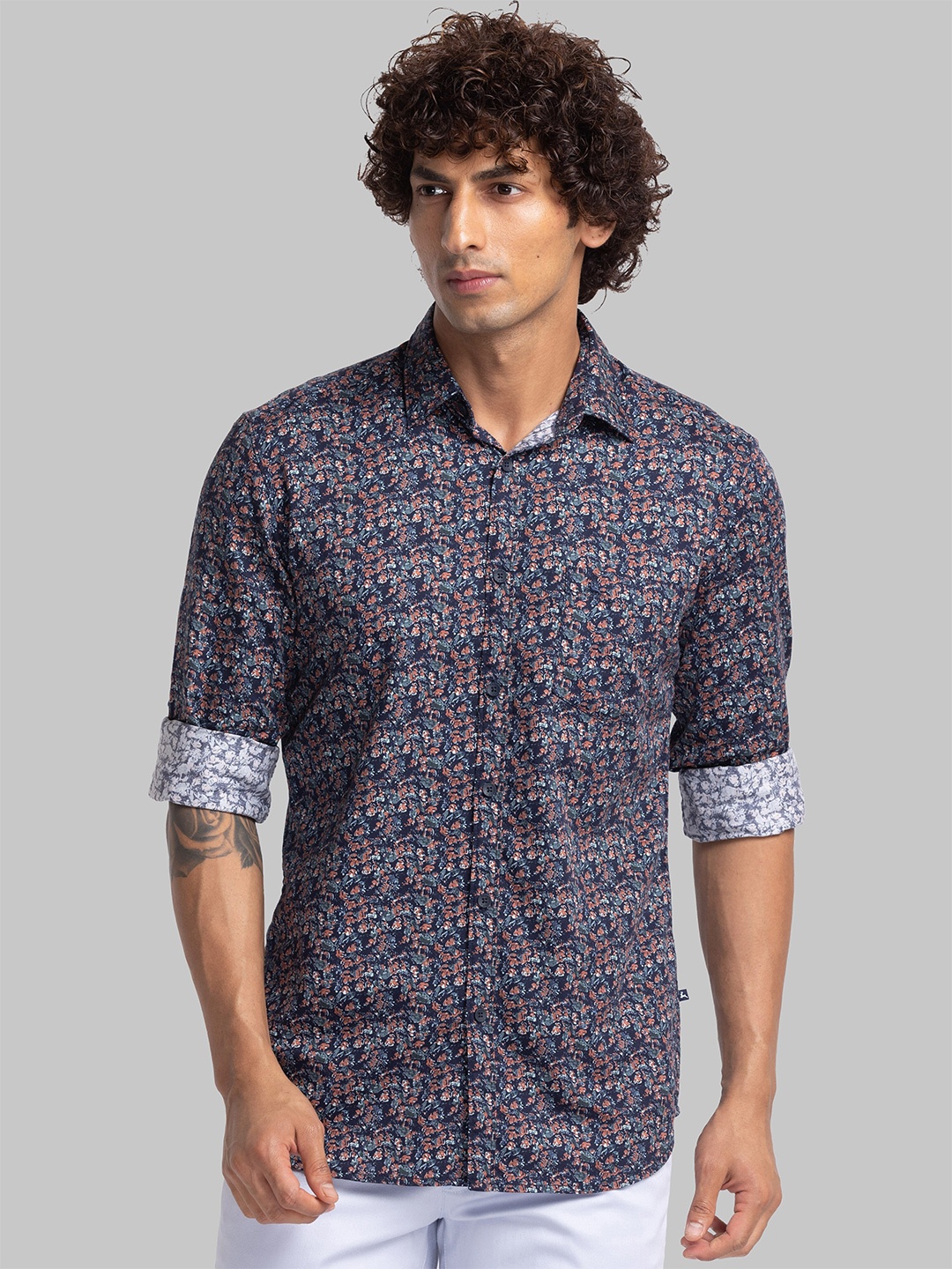Parx Men Blue Slim Fit Floral Printed Casual Organic Cotton Shirt, Navy blue