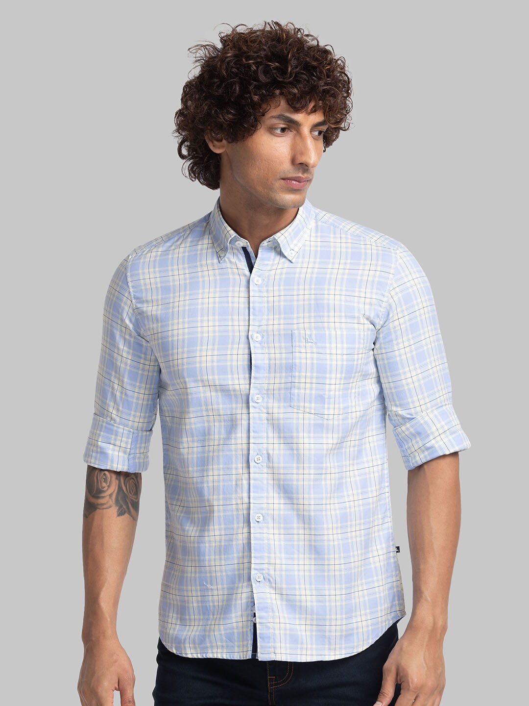 Parx Slim Fit Opaque Checked Organic Cotton Casual Shirt, Blue