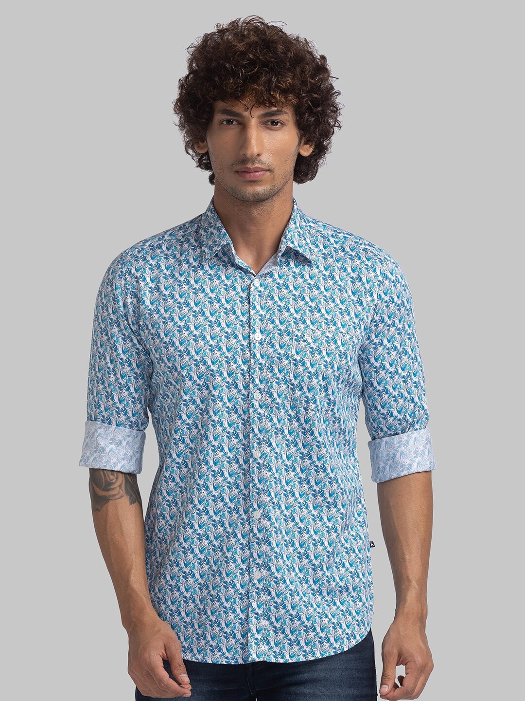 

Parx Slim Fit Floral Printed Organic Cotton Casual Shirt, Blue