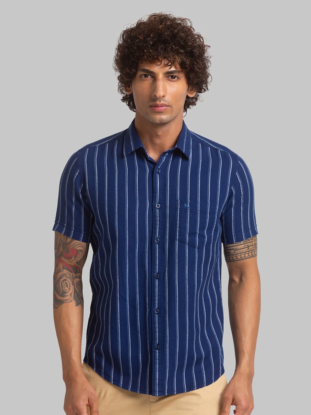 

Parx Slim Fit Vertical Striped Casual Organic Cotton Shirt, Navy blue