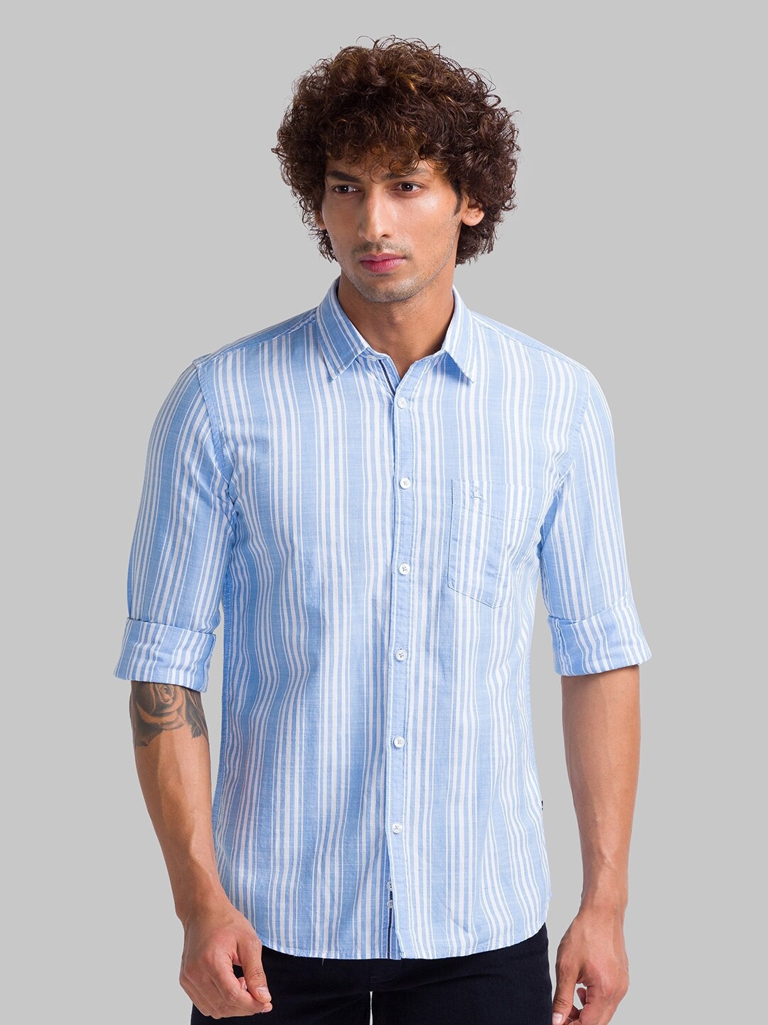 

Parx Slim Fit Opaque Striped Organic Cotton Casual Shirt, Blue