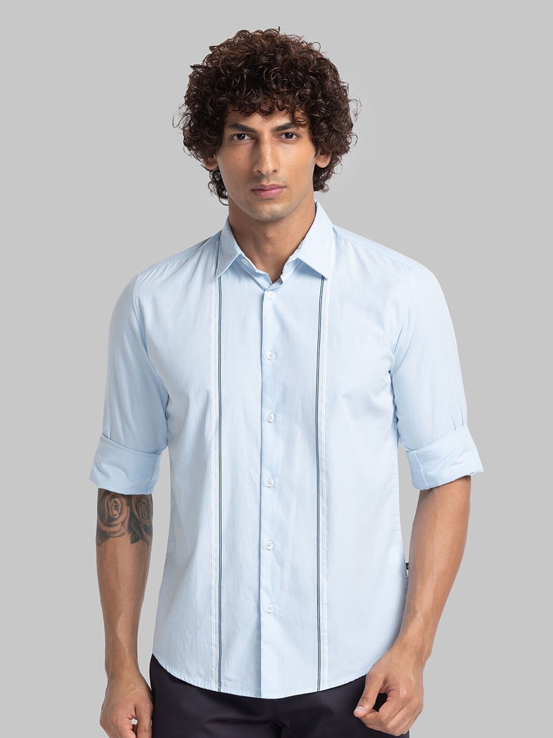 

Parx Slim Fit Opaque Striped Organic Cotton Casual Shirt, Blue