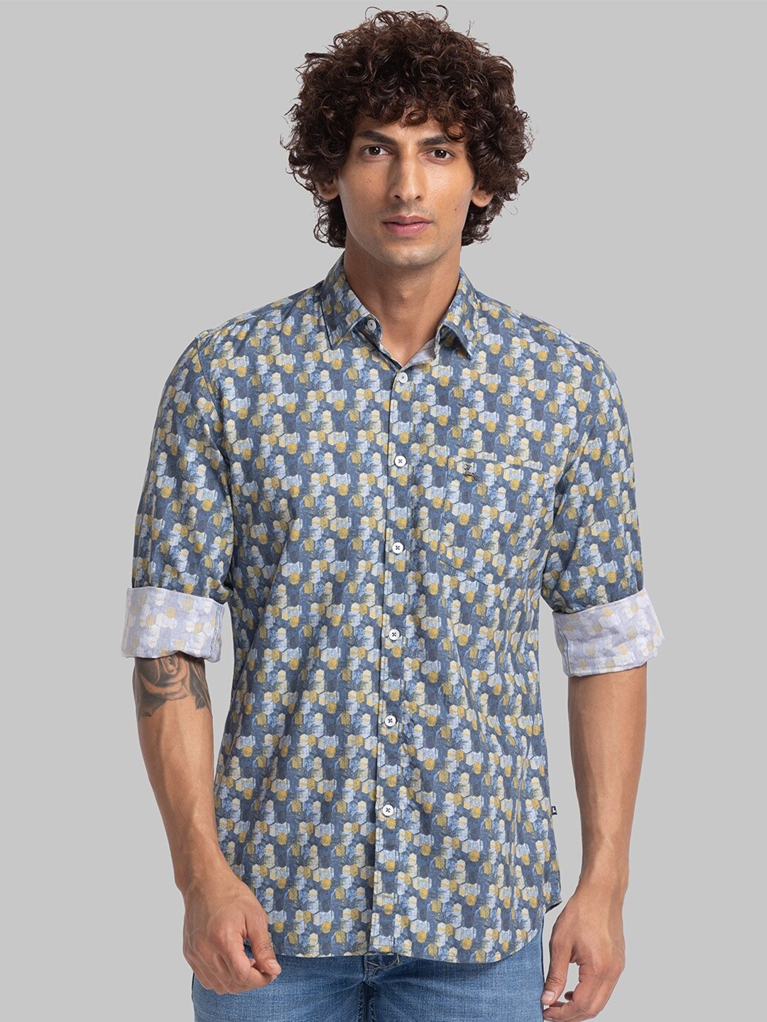 

Parx Men Micro Ditsy Printed Cotton Slim Fit Casual Shirt, Blue