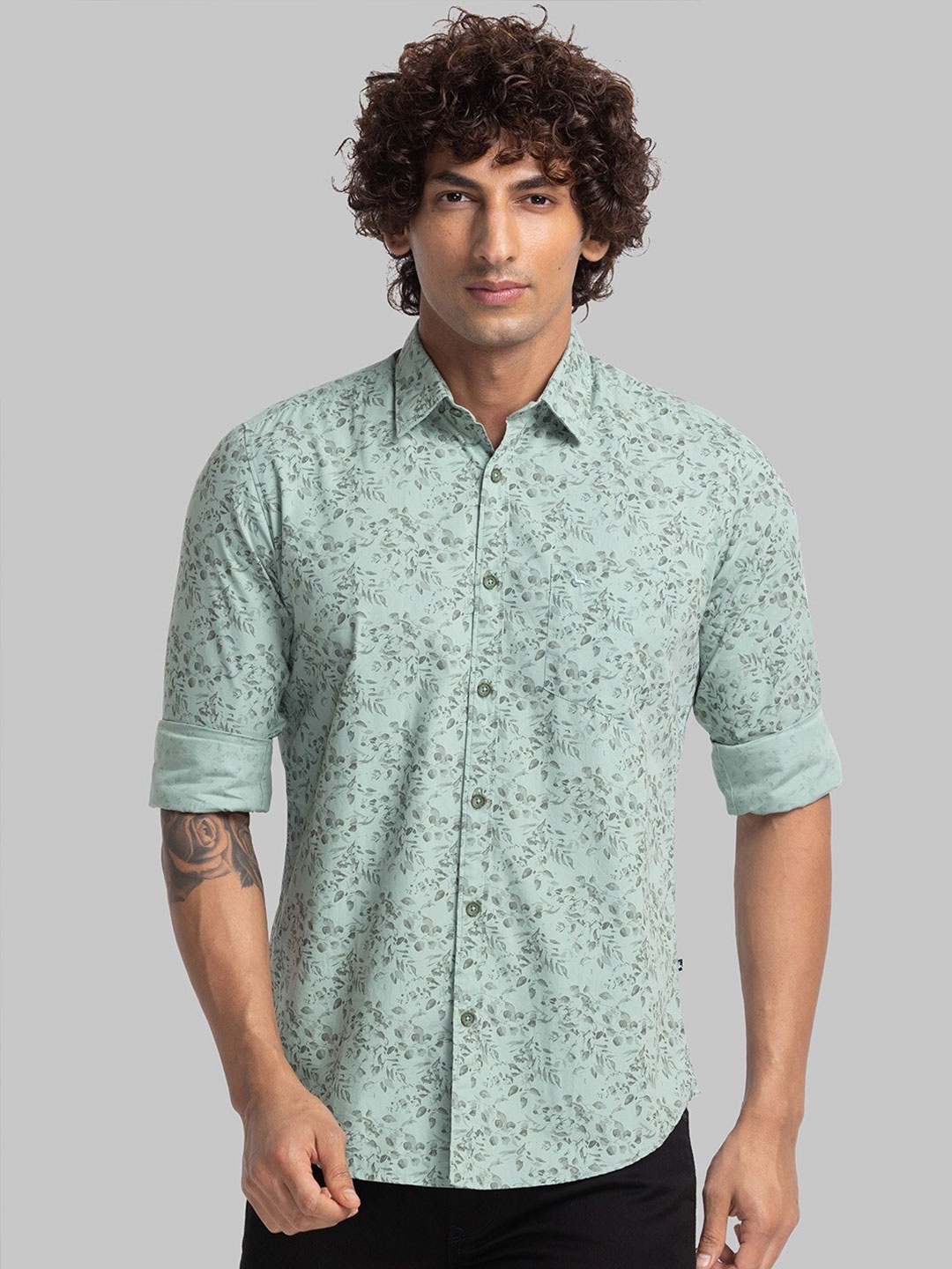 

Parx Floral Printed Pure Cotton Slim Fit Casual Shirt, Green