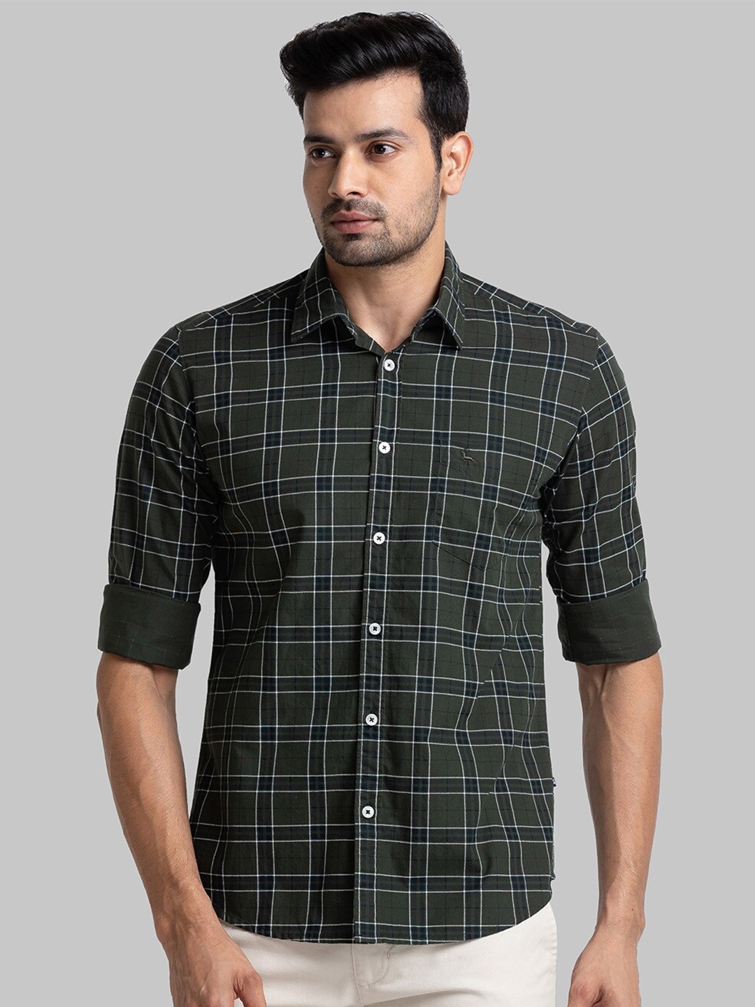 

Parx Slim Fit Tartan Checked Cotton Casual Shirt, Green
