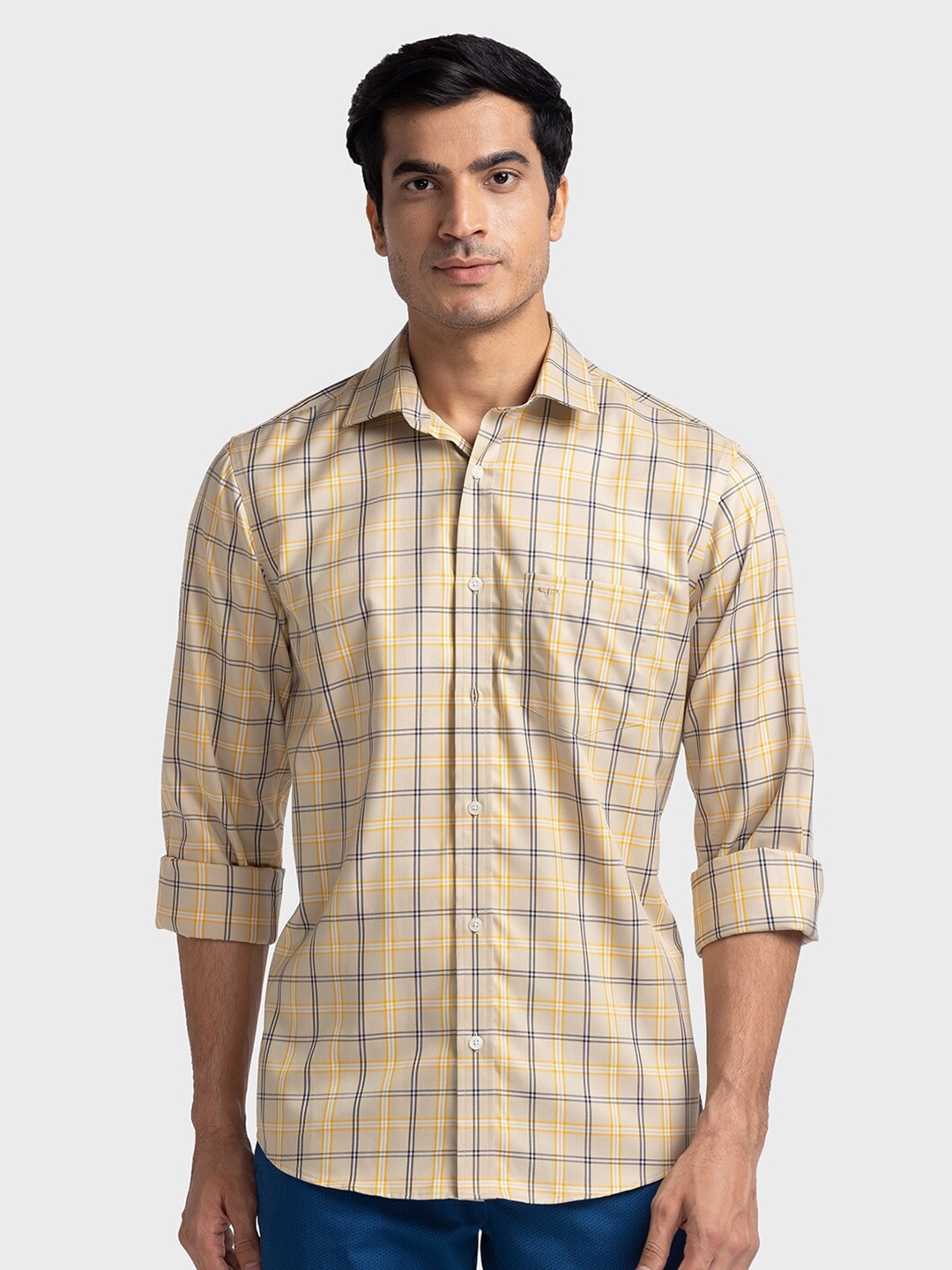

ColorPlus Checked Spread Collar Pure Cotton Tailored Fit Shirt, Cream