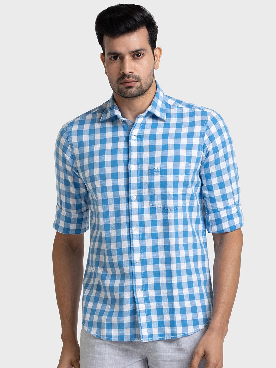 

ColorPlus Tailored Fit Gingham Checks Checked Pure Cotton Casual Shirt, Blue