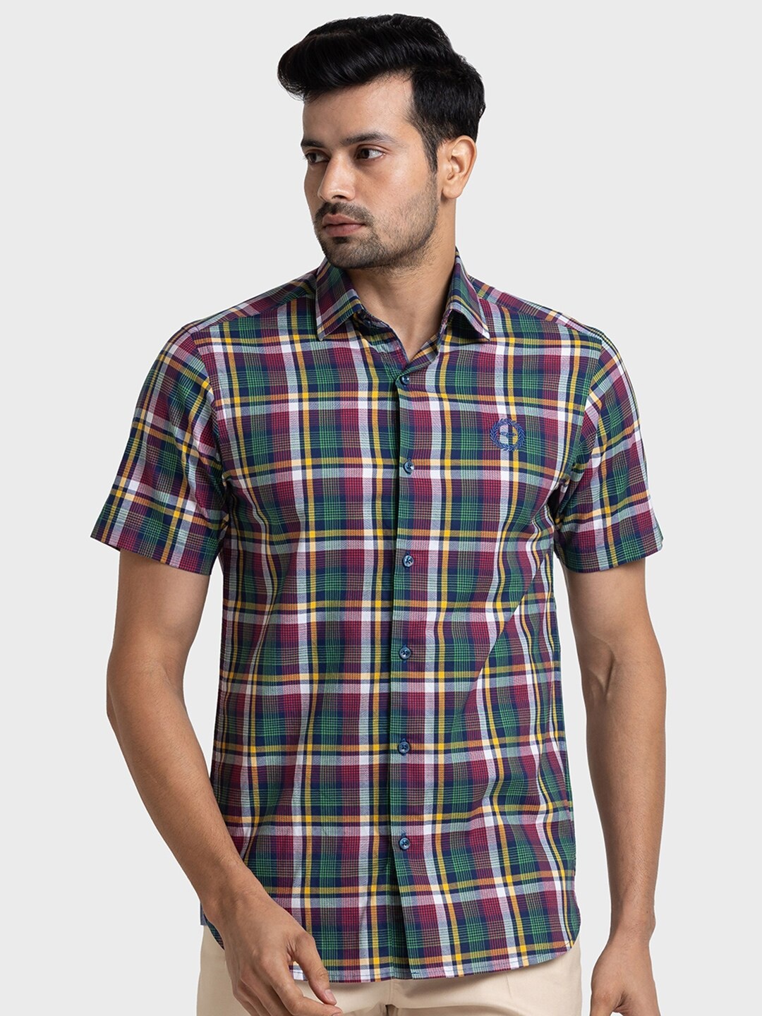 

ColorPlus Tartan Checked Spread Collar Pure Cotton Tailored Fit Shirt, Navy blue