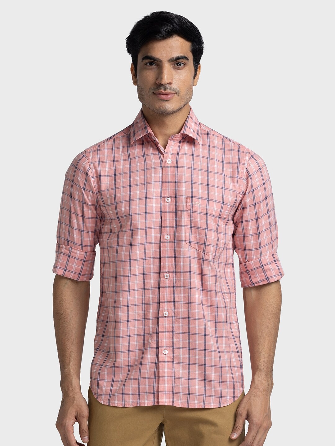 

ColorPlus Checked Spread Collar Pure Cotton Tailored Fit Shirt, Peach