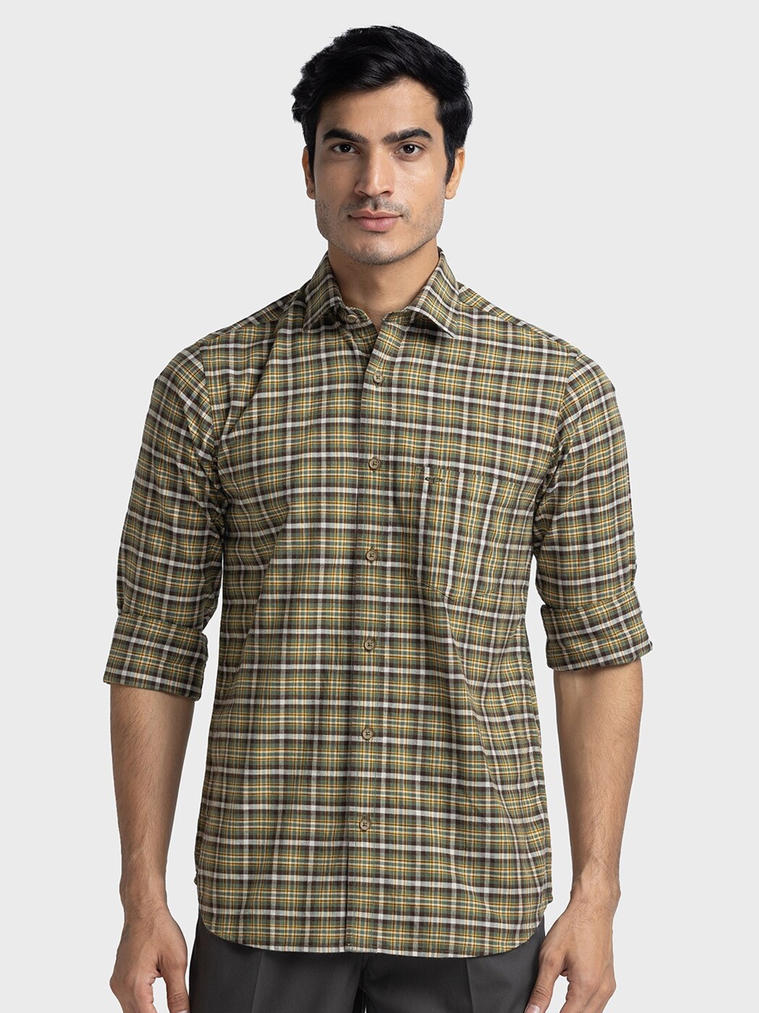 

ColorPlus Tailored Fit Tartan Checks Checked Pure Cotton Casual Shirt, Green
