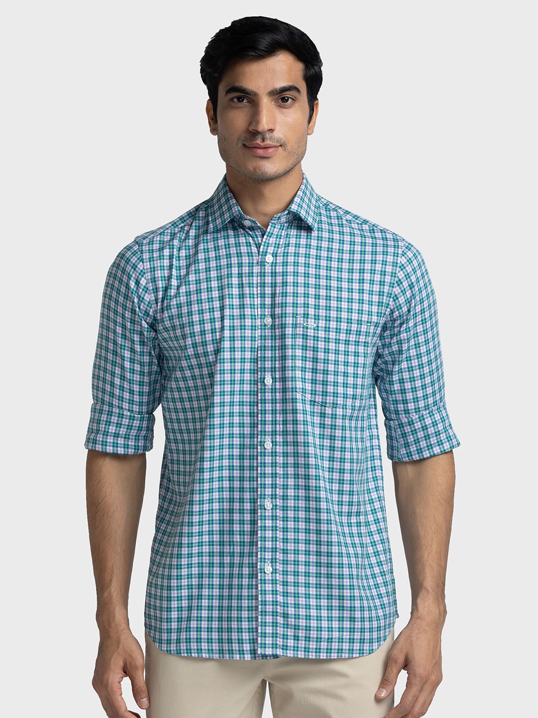 

ColorPlus Checked Spread Collar Pure Cotton Tailored Fit Shirt, Teal