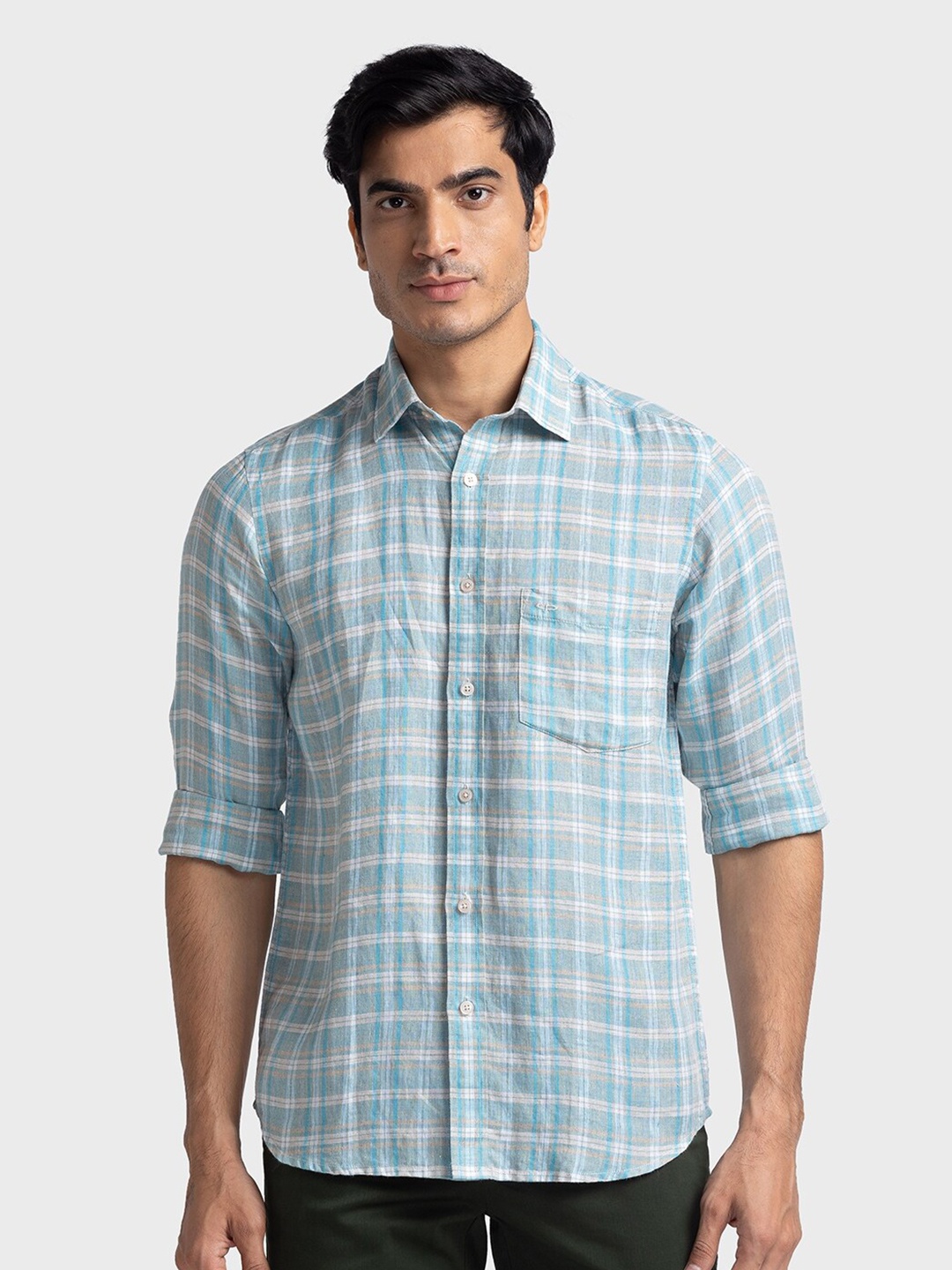 

ColorPlus Checked Pure Linen Casual Shirt, Blue