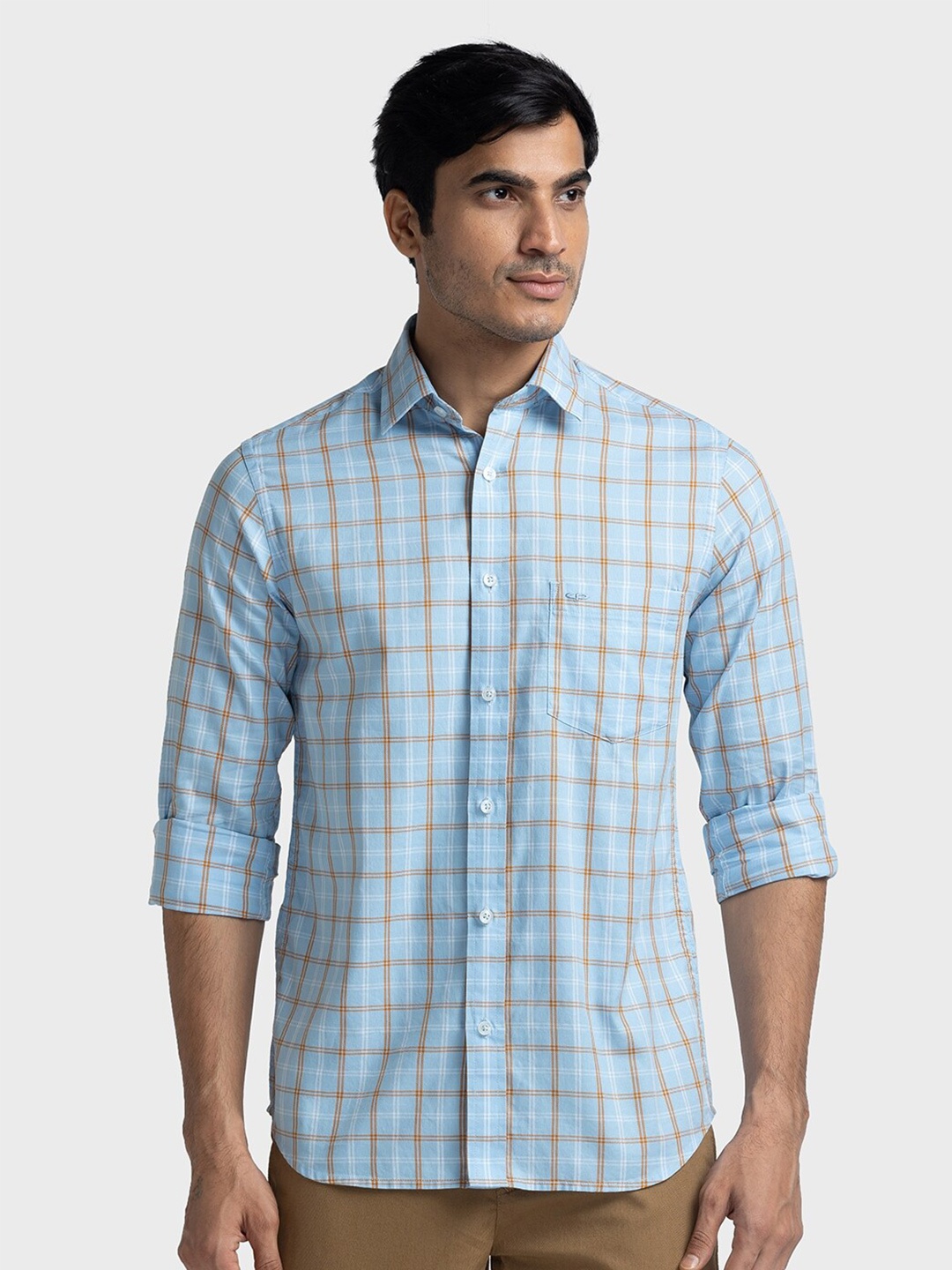 

ColorPlus Checked Spread Collar Pure Cotton Tailored Fit Shirt, Blue