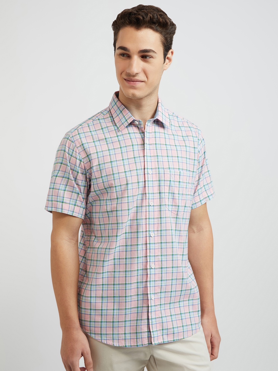 

ColorPlus Tartan Checked Spread Collar Pure Cotton Tailored Fit Shirt, Pink