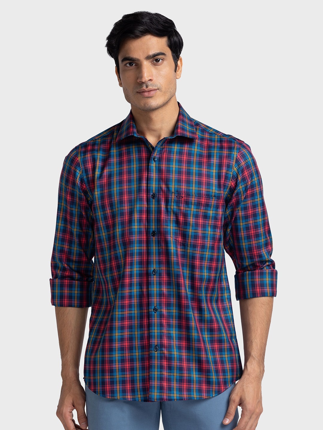 

ColorPlus Buffalo Checked Spread Collar Pure Cotton Tailored Fit Shirt, Blue