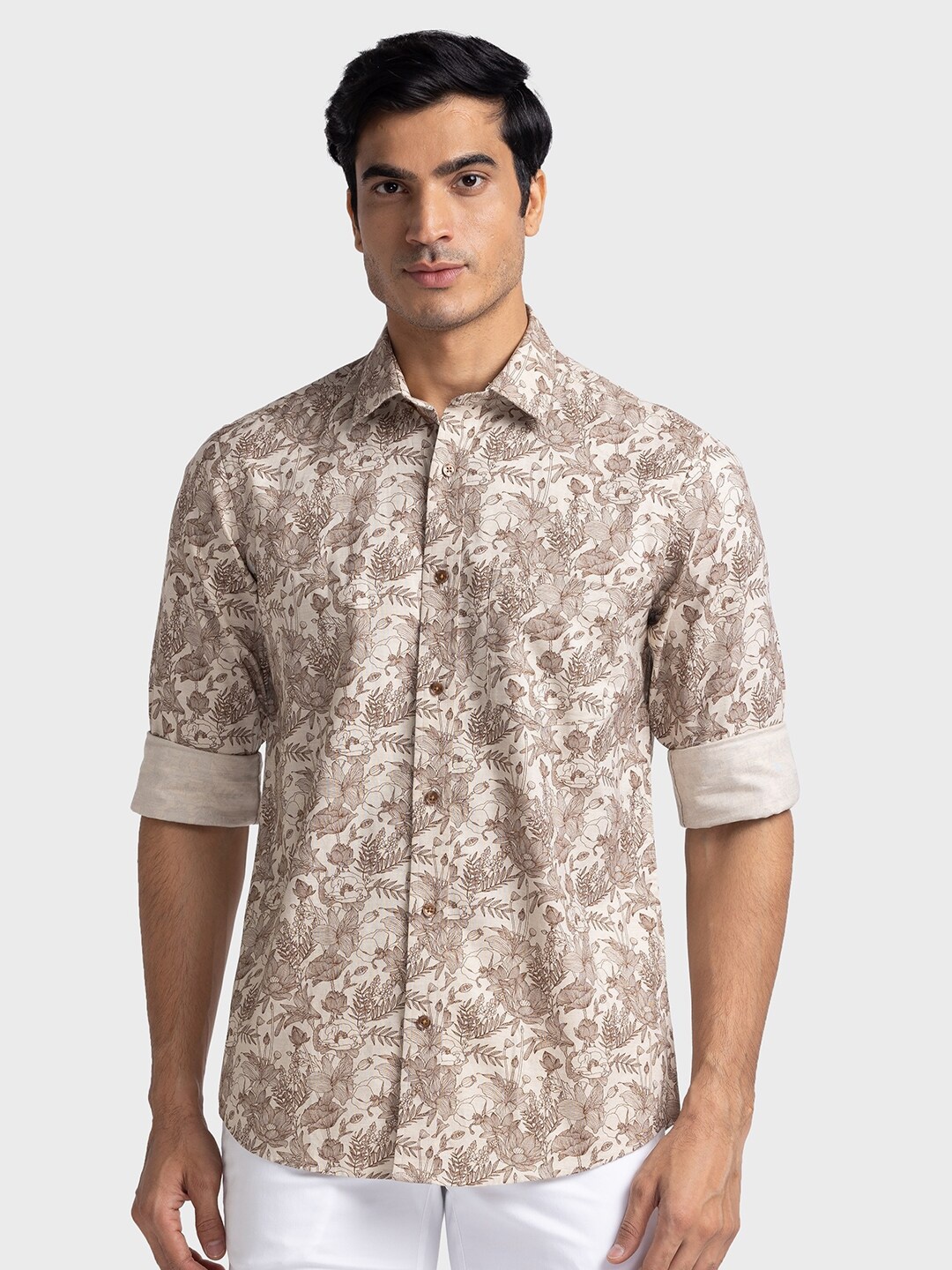 

ColorPlus Tailored Fit Floral Printed Pure Cotton Casual Shirt, Beige