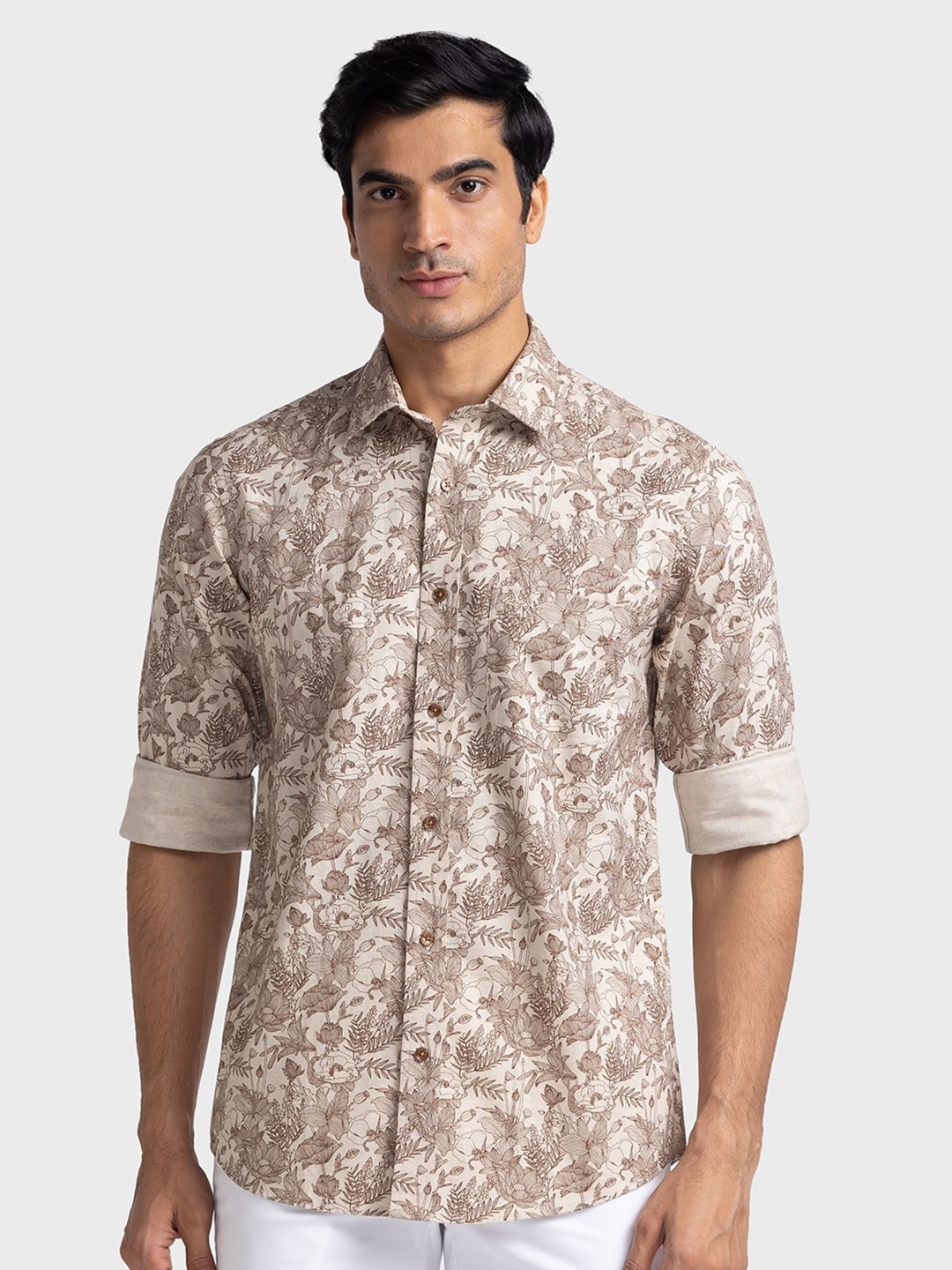 

ColorPlus Floral Printed Spread Collar Pure Cotton Tailored Fit Shirt, Cream