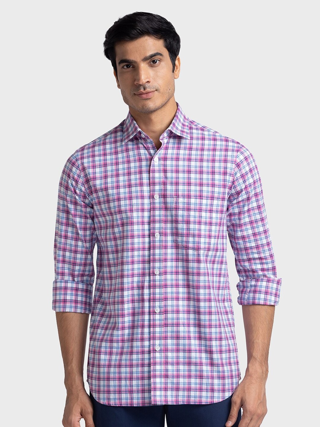 

ColorPlus Checked Spread Collar Pure Cotton Tailored Fit Shirt, Violet