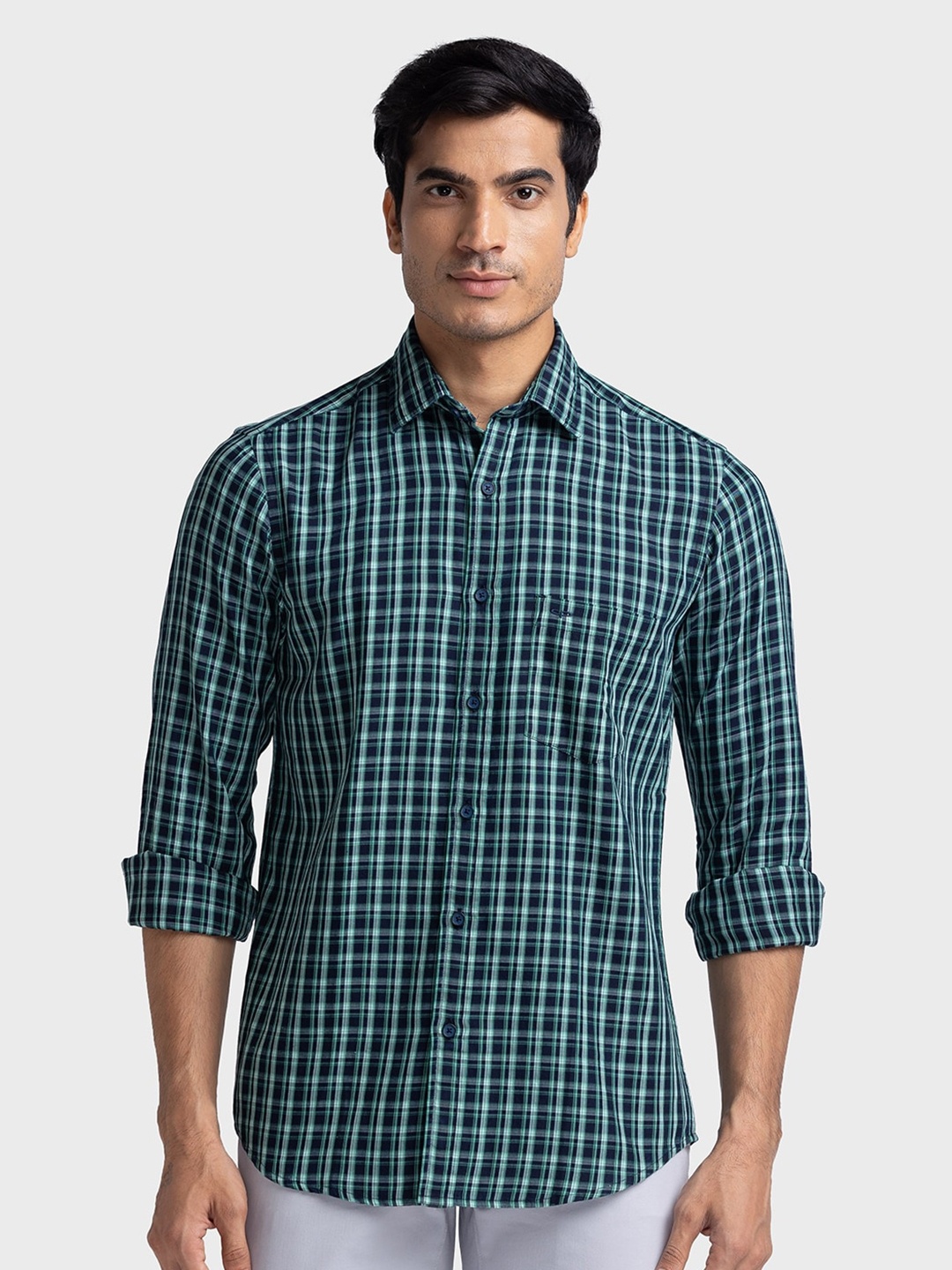

ColorPlus Checked Spread Collar Pure Cotton Tailored Fit Shirt, Green
