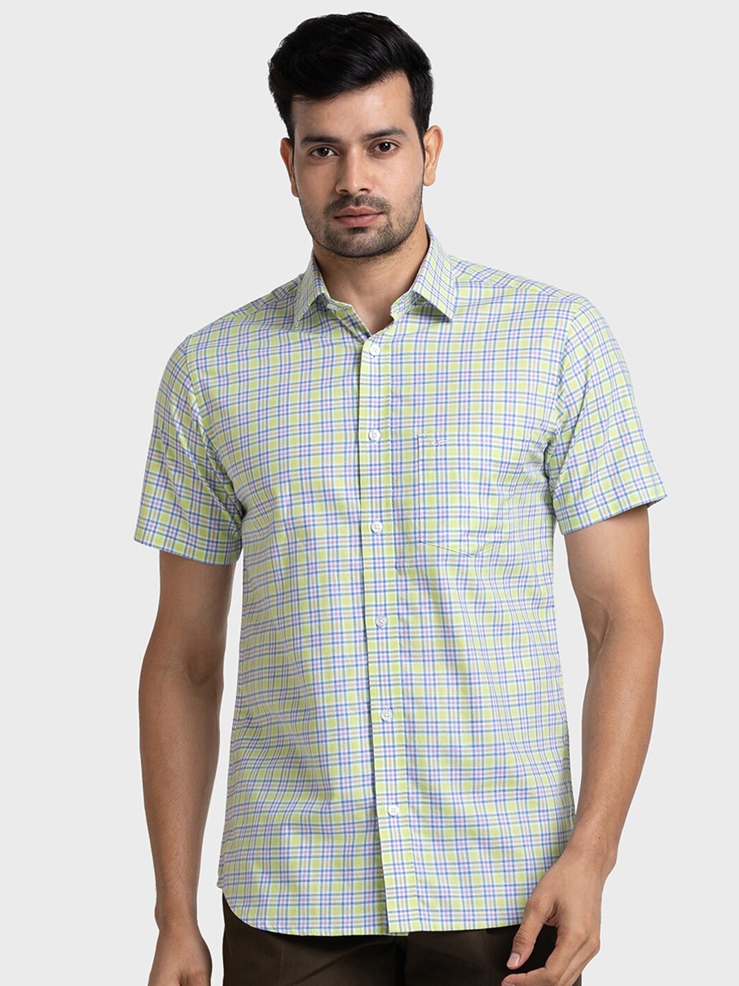 

ColorPlus Tailored Fit Tartan Checks Checked Pure Cotton Casual Shirt, Green