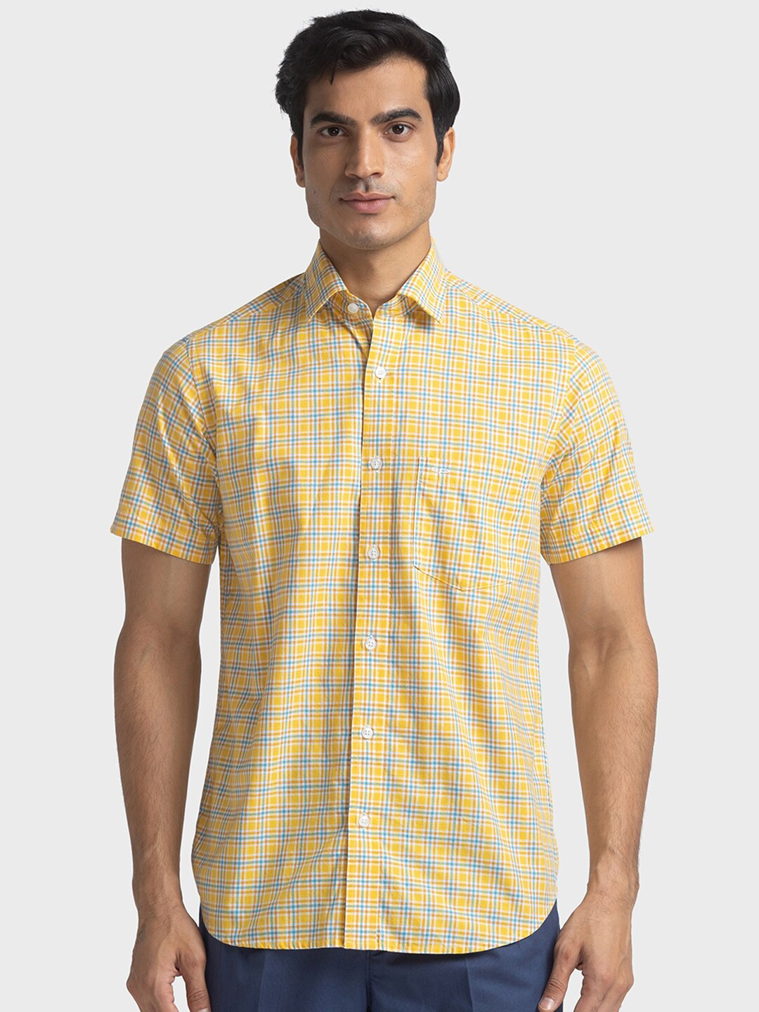 

ColorPlus Checked Spread Collar Tailored Fit Pure Cotton Shirt, Yellow