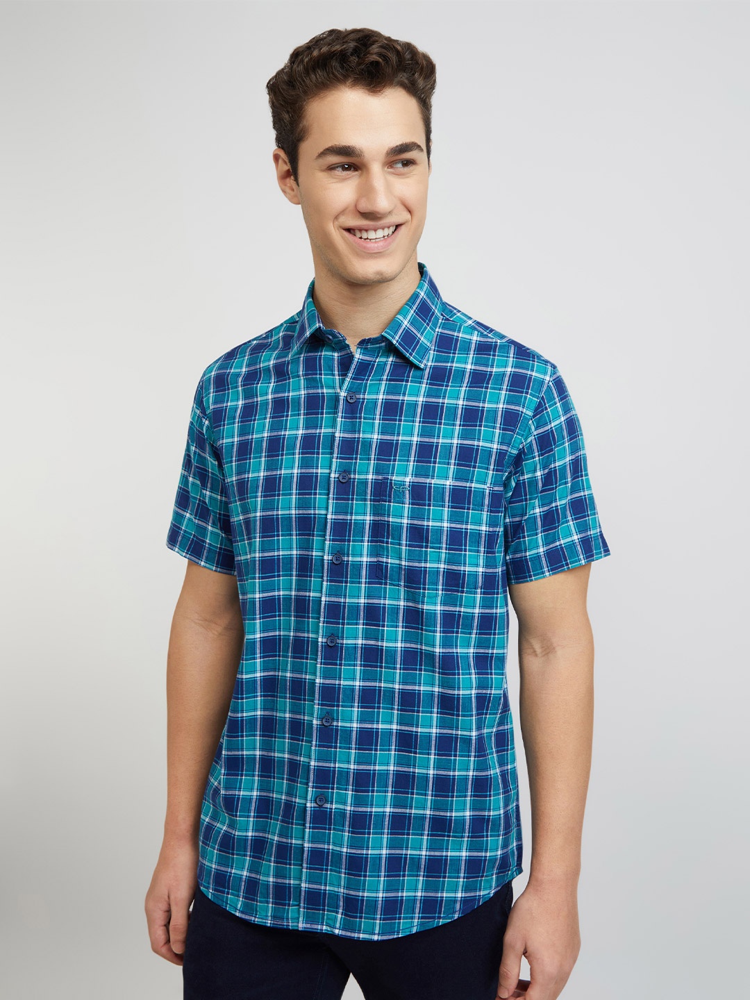 

ColorPlus Tartan Checked Spread Collar Tailored Fit Pure Cotton Shirt, Blue