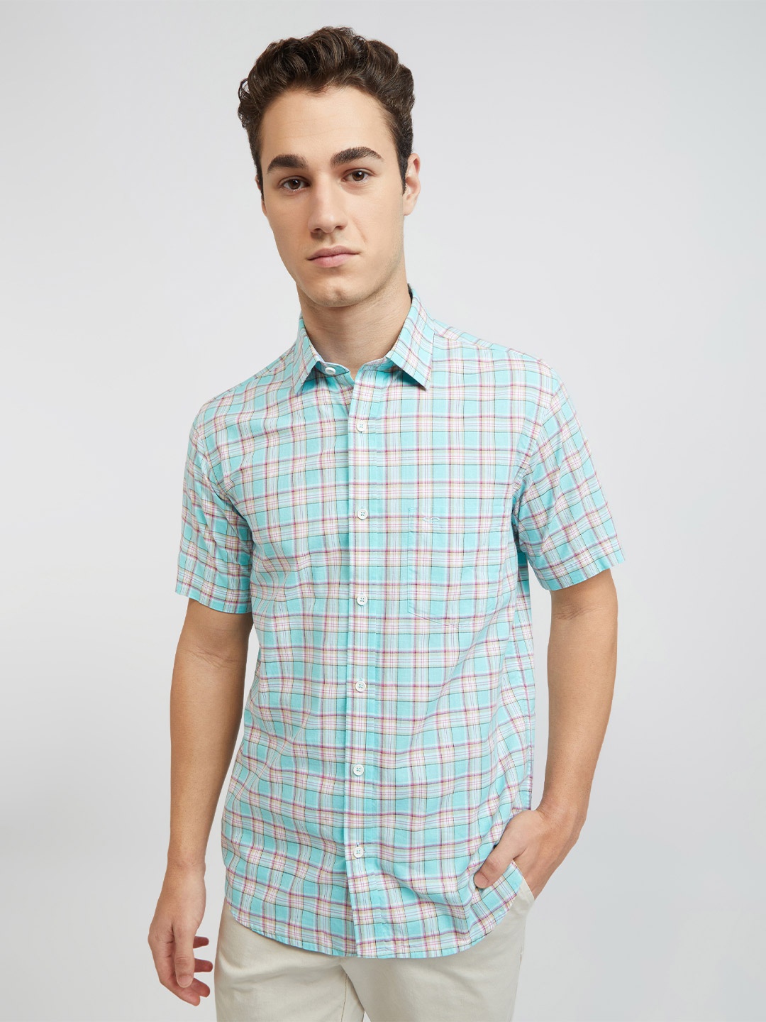 

ColorPlus Tailored Fit Checked Pure Cotton Casual Shirt, Blue