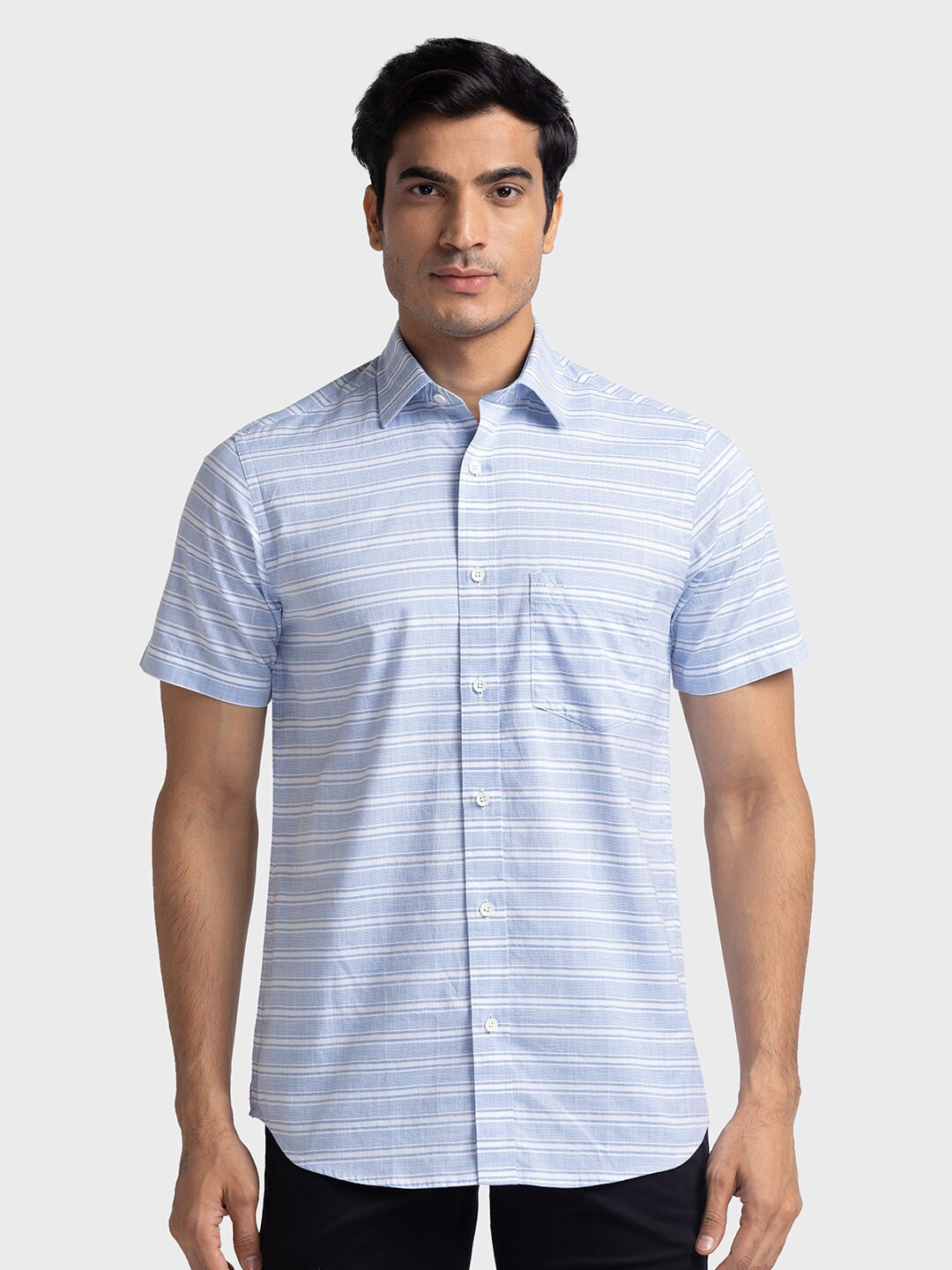 

ColorPlus Horizontal Striped Tailored Fit Pure Cotton Shirt, Blue