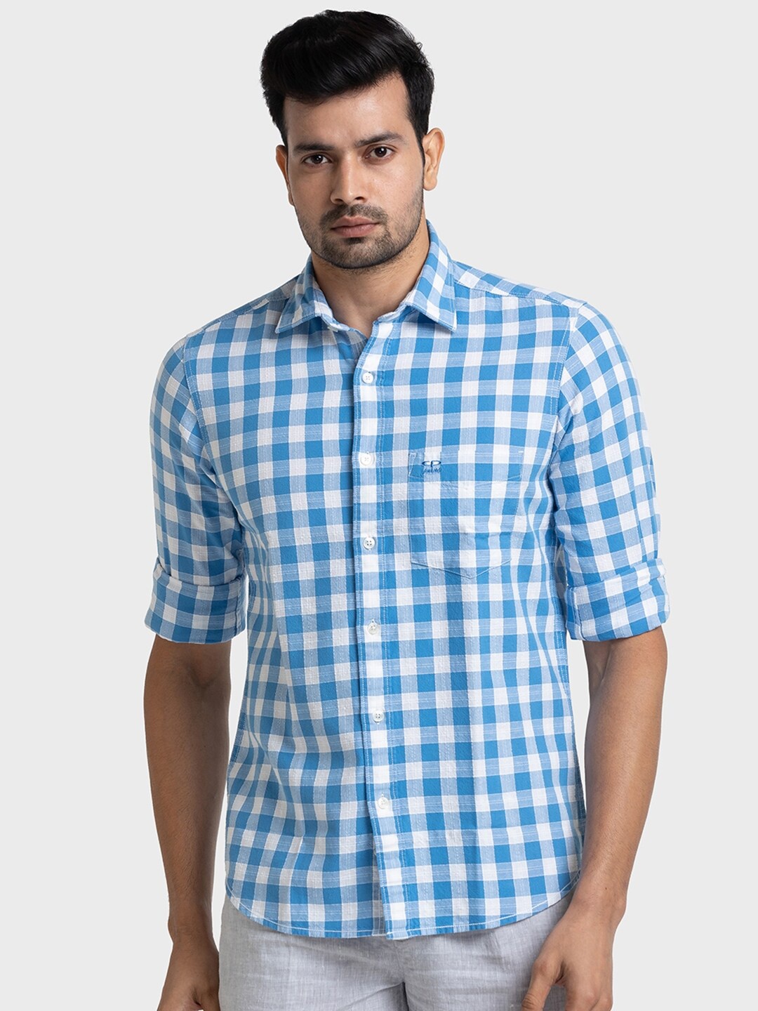 

ColorPlus Tailored Fit Checked Pure Cotton Casual Shirt, Blue