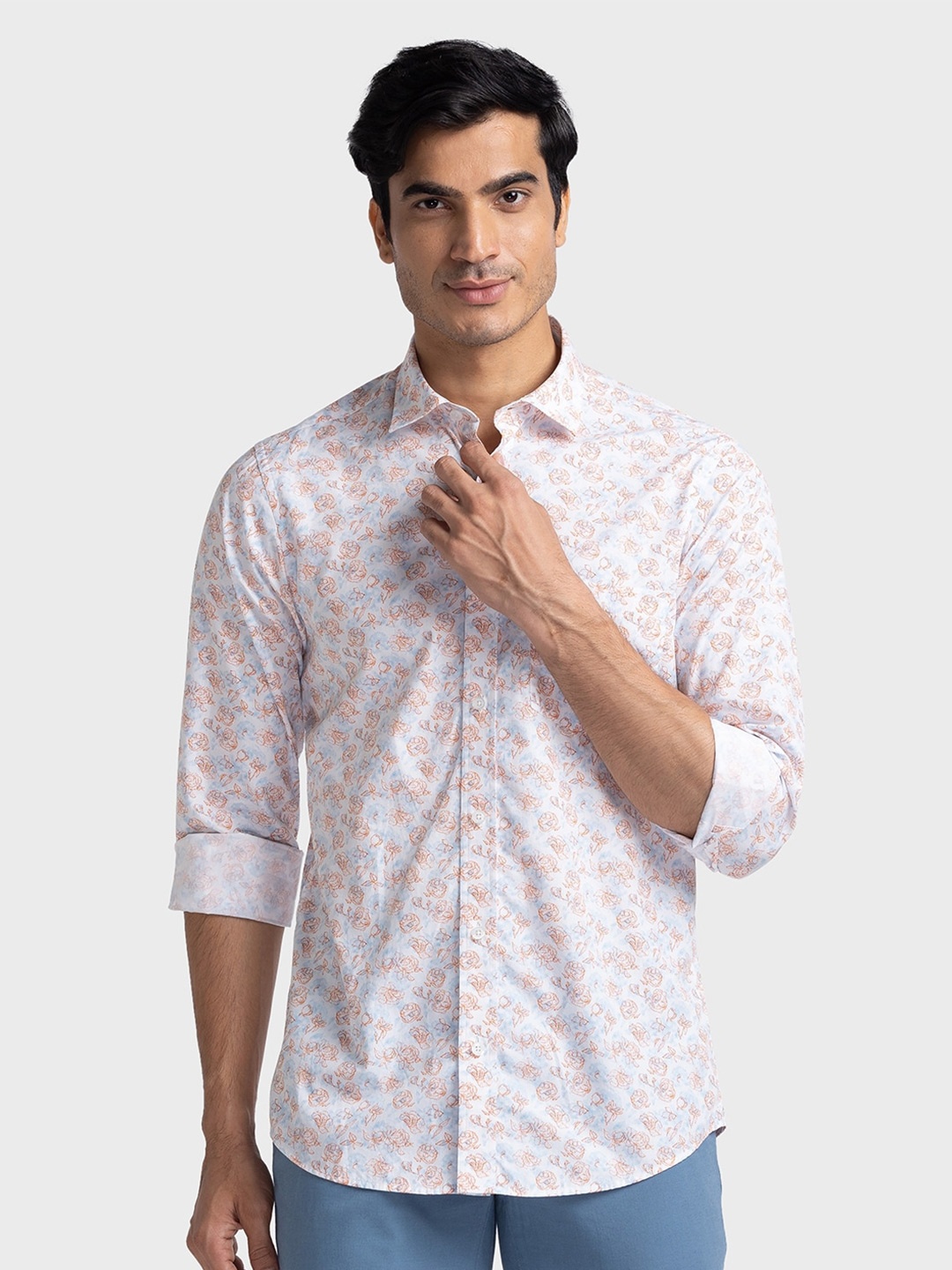 

ColorPlus Spread Collar Tailored Fit Floral Printed Pure Cotton Casual Shirt, White